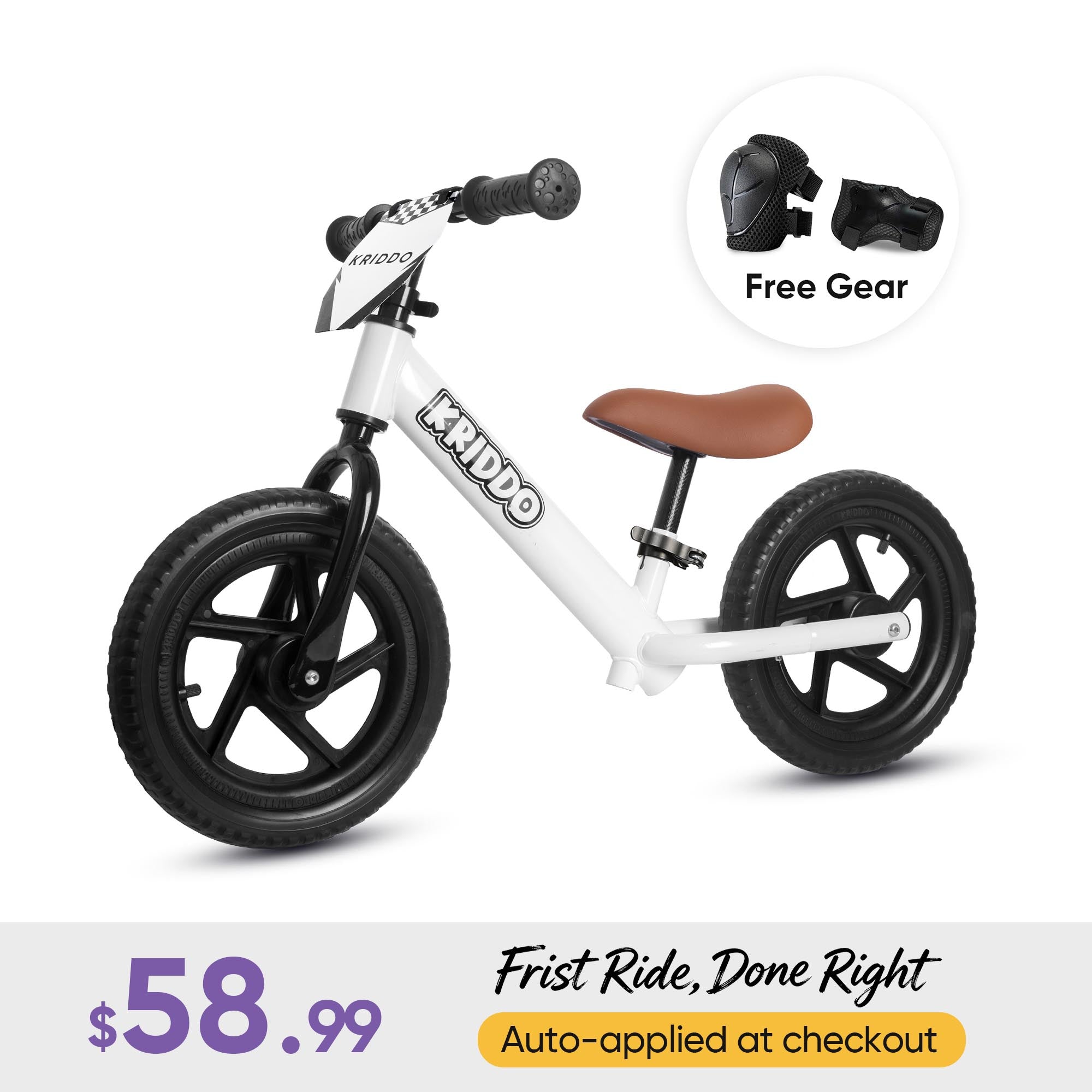 KRIDDO 12 Inch Toddler Balance Bike with Custom Name Plate for Ages 2–5 White, Includes Free Protective Gear Set