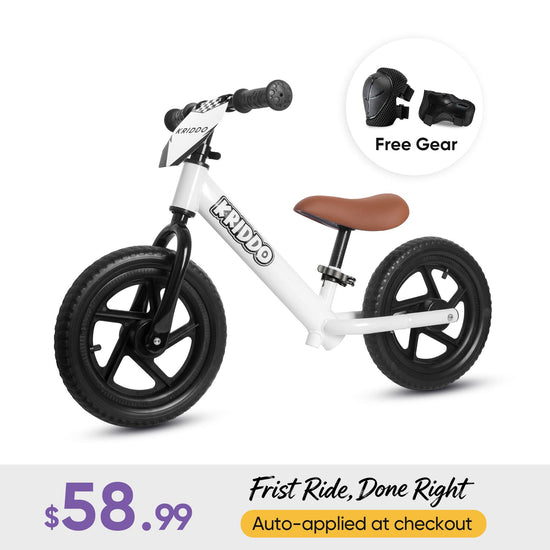 KRIDDO 12 Inch Toddler Balance Bike with Custom Name Plate for Ages 2–5 White, Includes Free Protective Gear Set