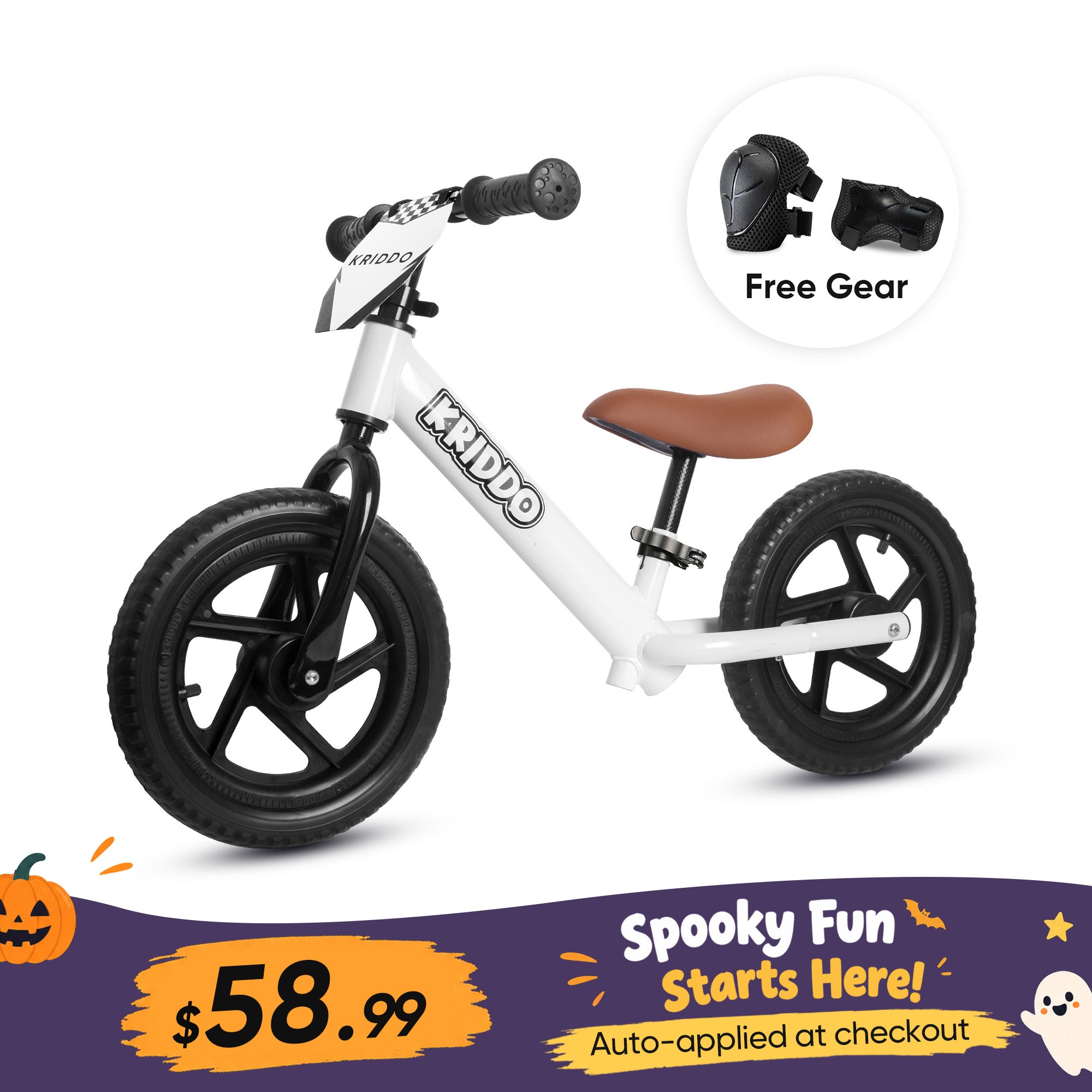 KRIDDO 12 Inch Toddler Balance Bike with Custom Name Plate for Ages 2–5 White, Includes Free Protective Gear Set