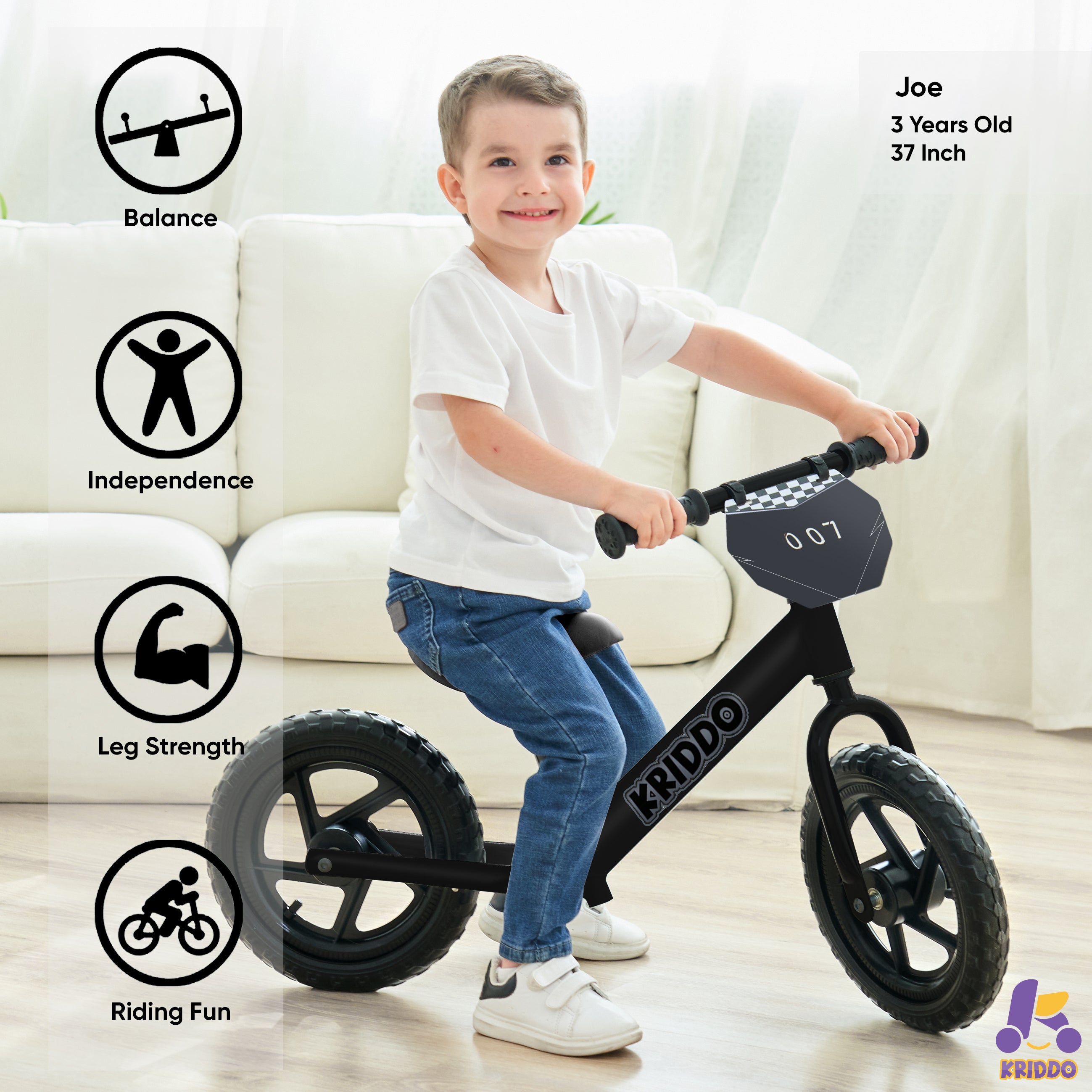 Kriddo Toddler Balance Bike with Customize Plate for 18 Months to 3 Years Old Black