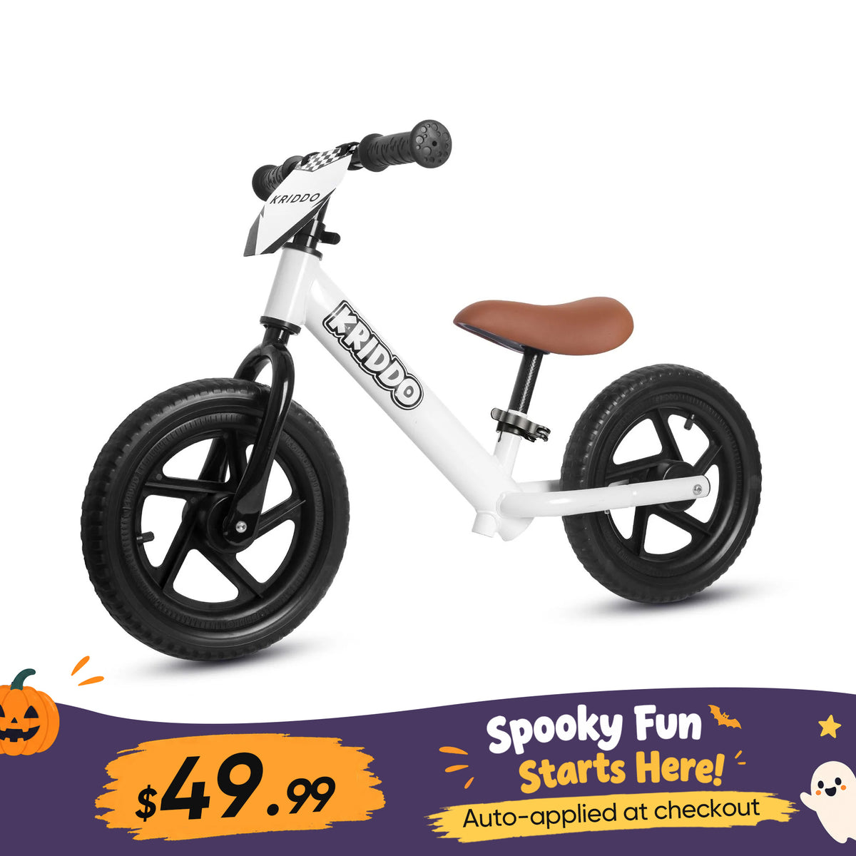 KRIDDO 12 Inch Toddler Balance Bike with Custom Name Plate for Ages 2–5 White