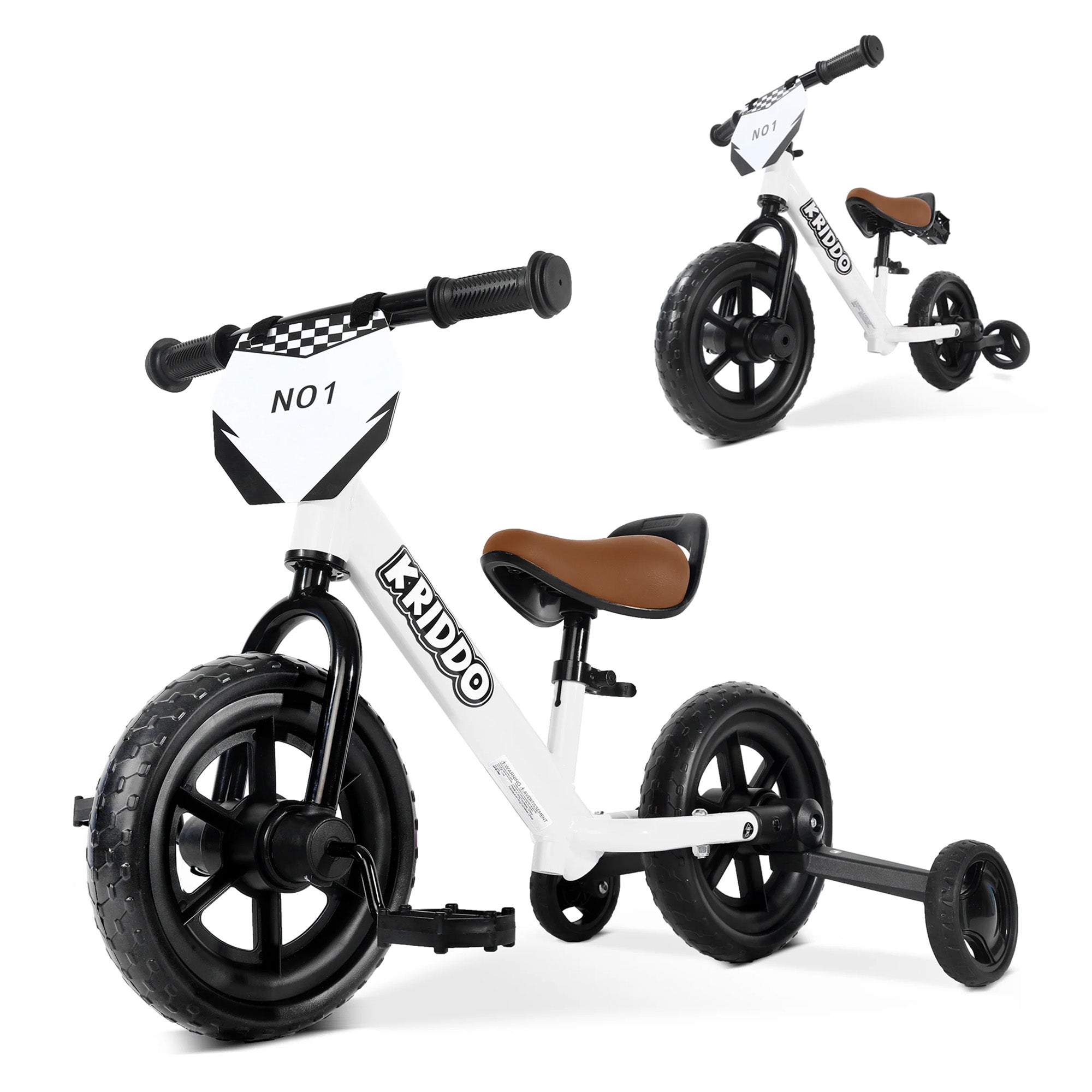 KRIDDO Toddler Balance Bike with Removable Training Wheels for 18 Months to 5 Years Old White