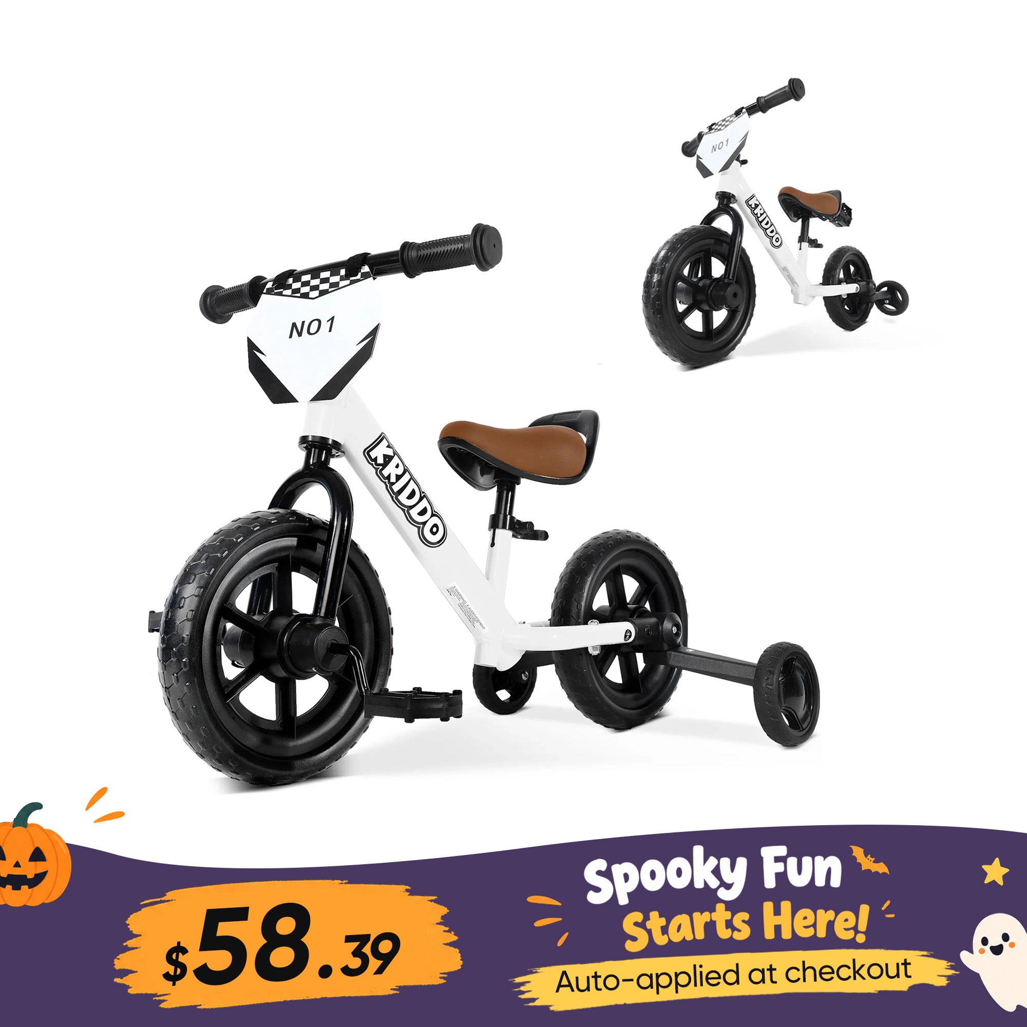 KRIDDO Convertible Balance Bike with Training Wheels for Ages 18 Months to 3 Years White