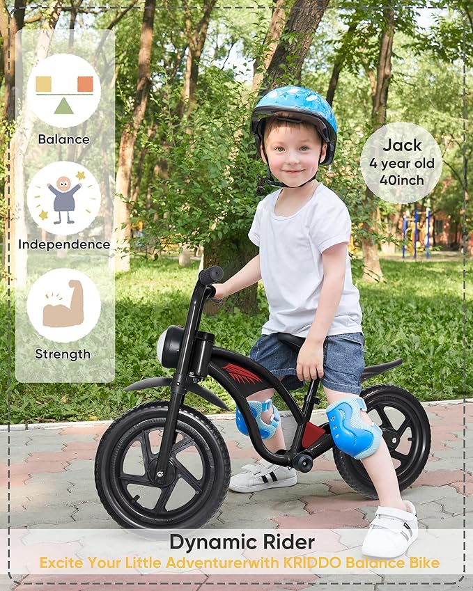 Kriddo Toddler Balance Bike with Headlight and Adjustable Seat for 2 to 5 Years Old Black