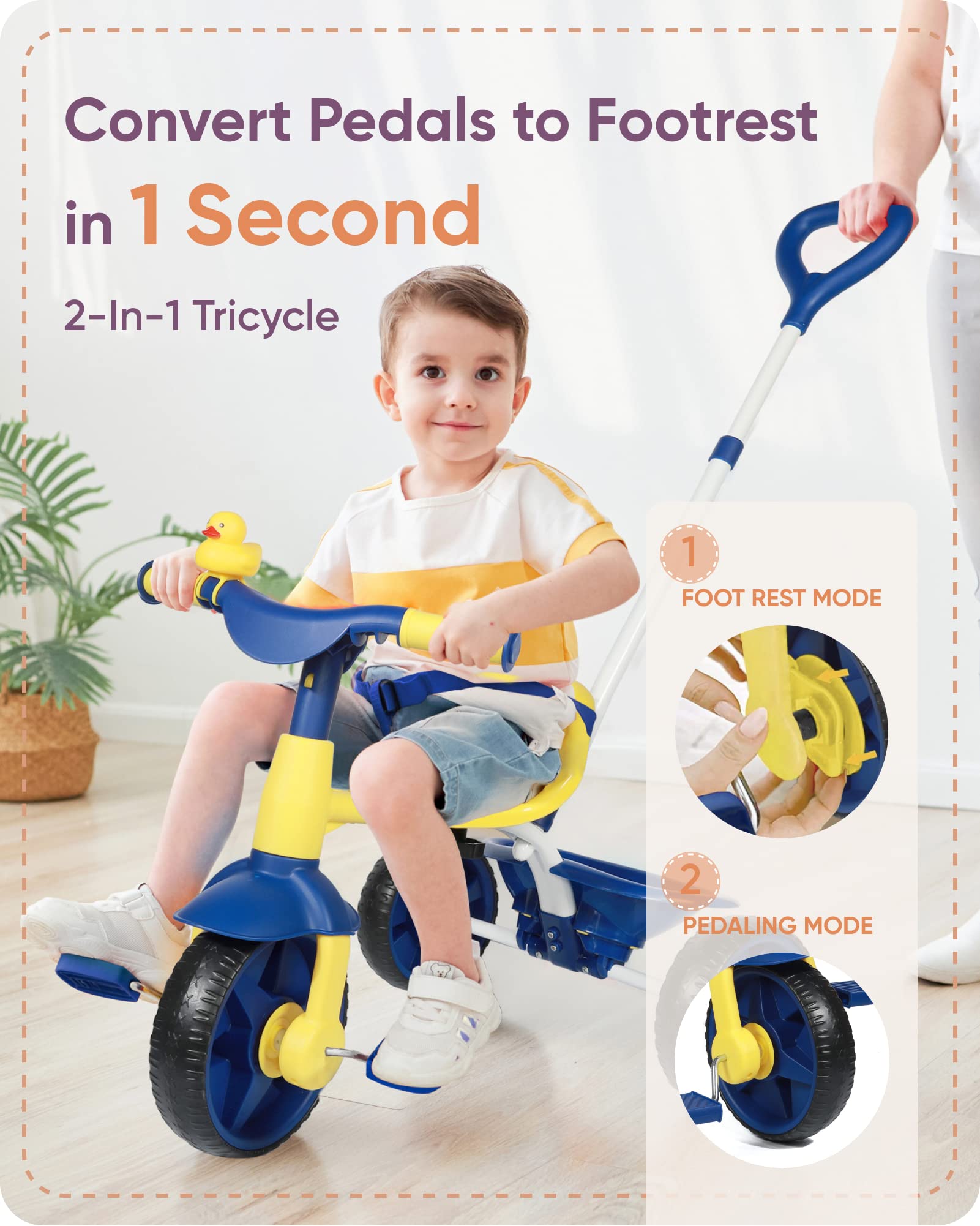 KRIDDO  2-in-1 Kids Tricycle for 18 months to 3 Years Old Blue