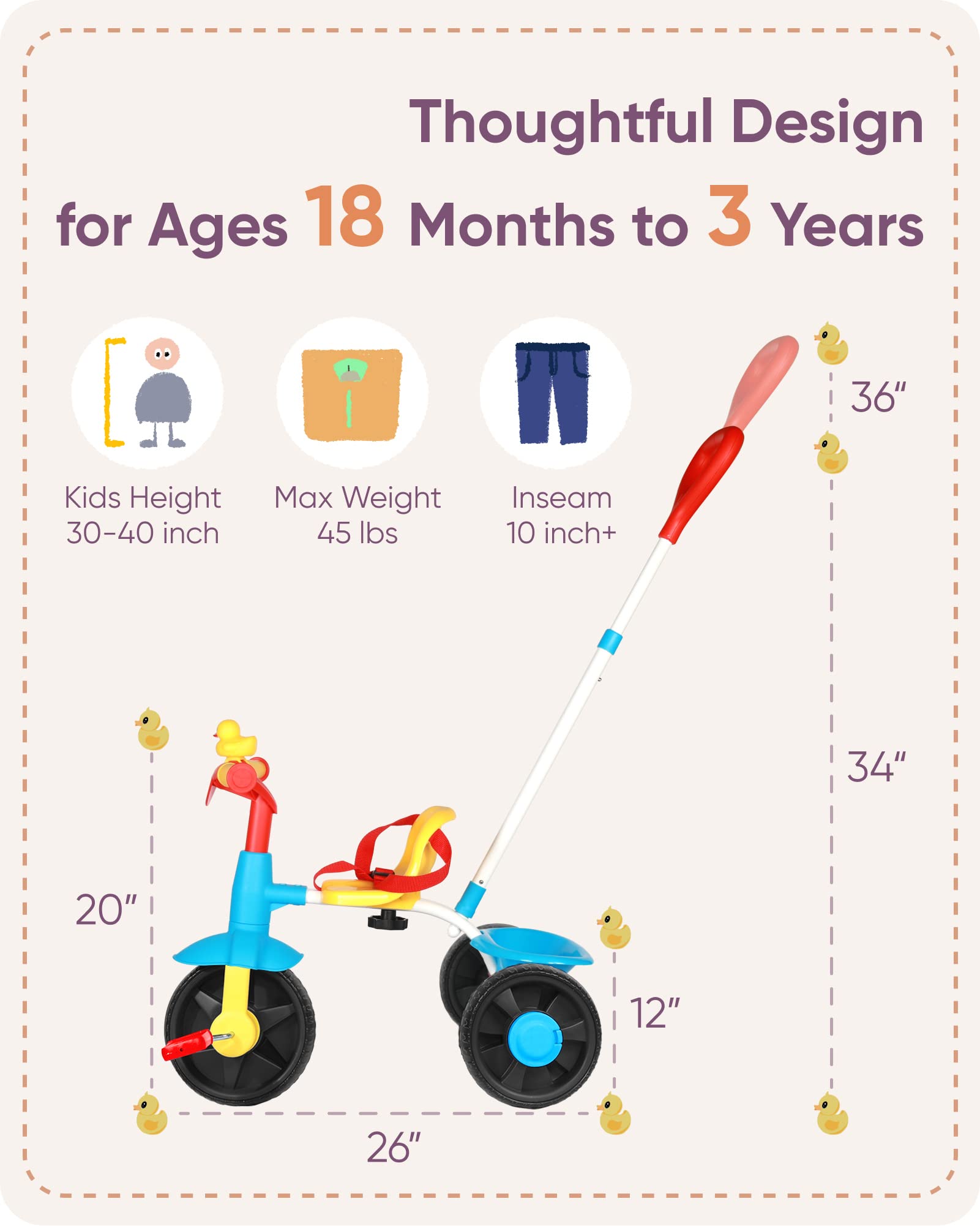 KRIDDO 2 in 1 Tricycle Classic for Kids 18 Months to 3 Years