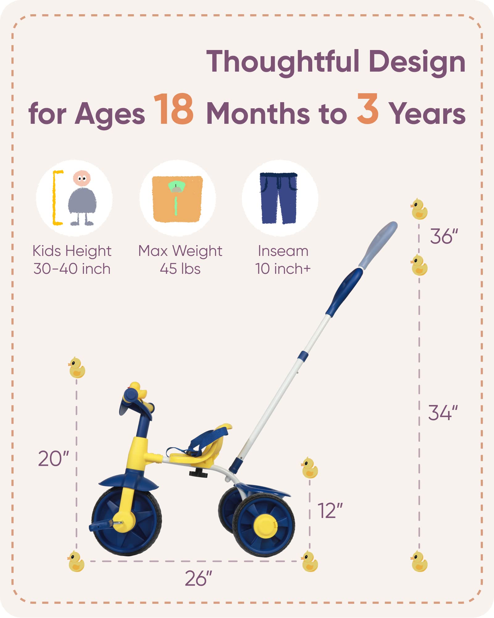 KRIDDO 2in1 Blue Tricycle for Toddlers 18 to 36 Months