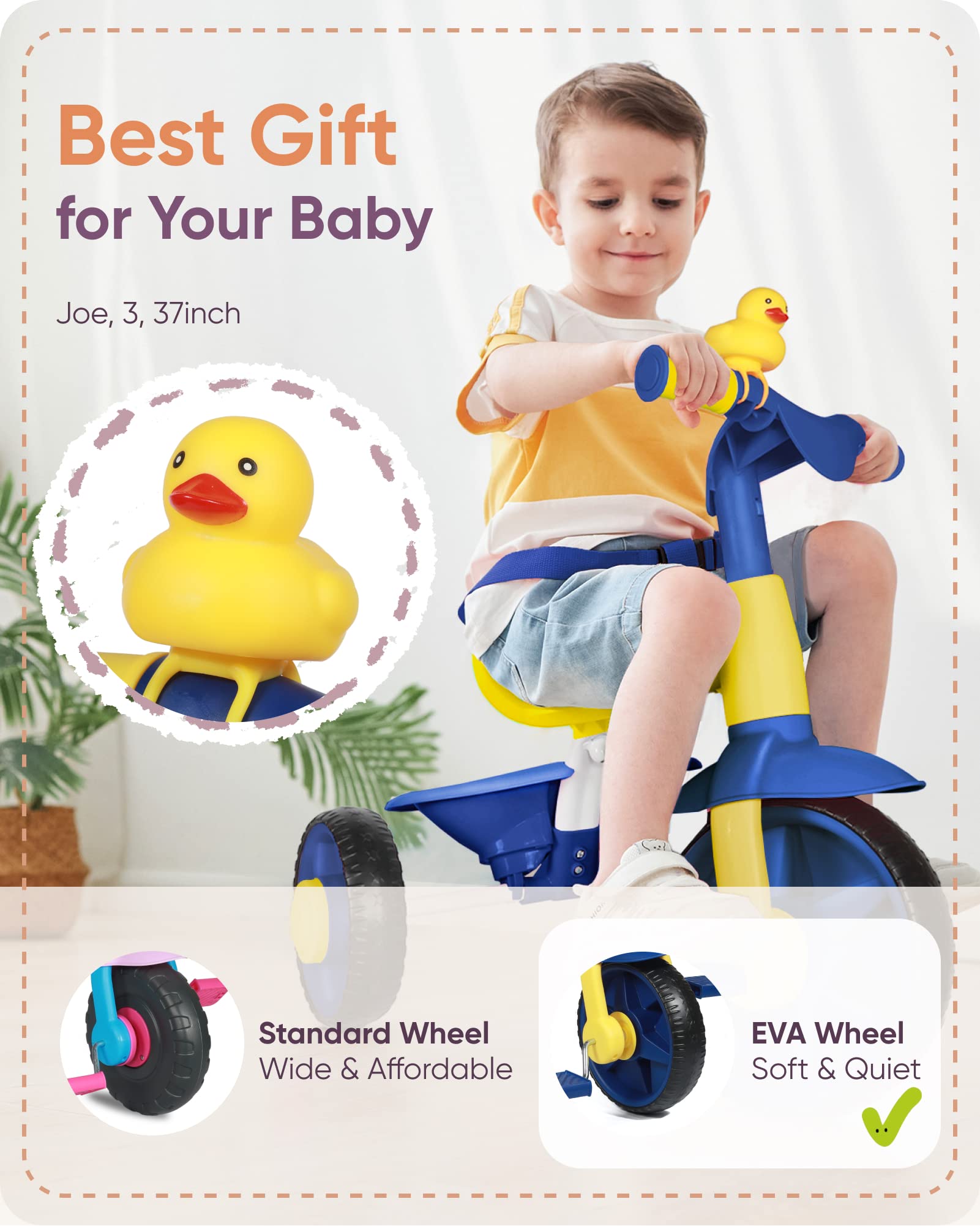 KRIDDO 2 in 1 Kids Tricycles Age 18 Month to 3 Years EVA Wheels Upgra