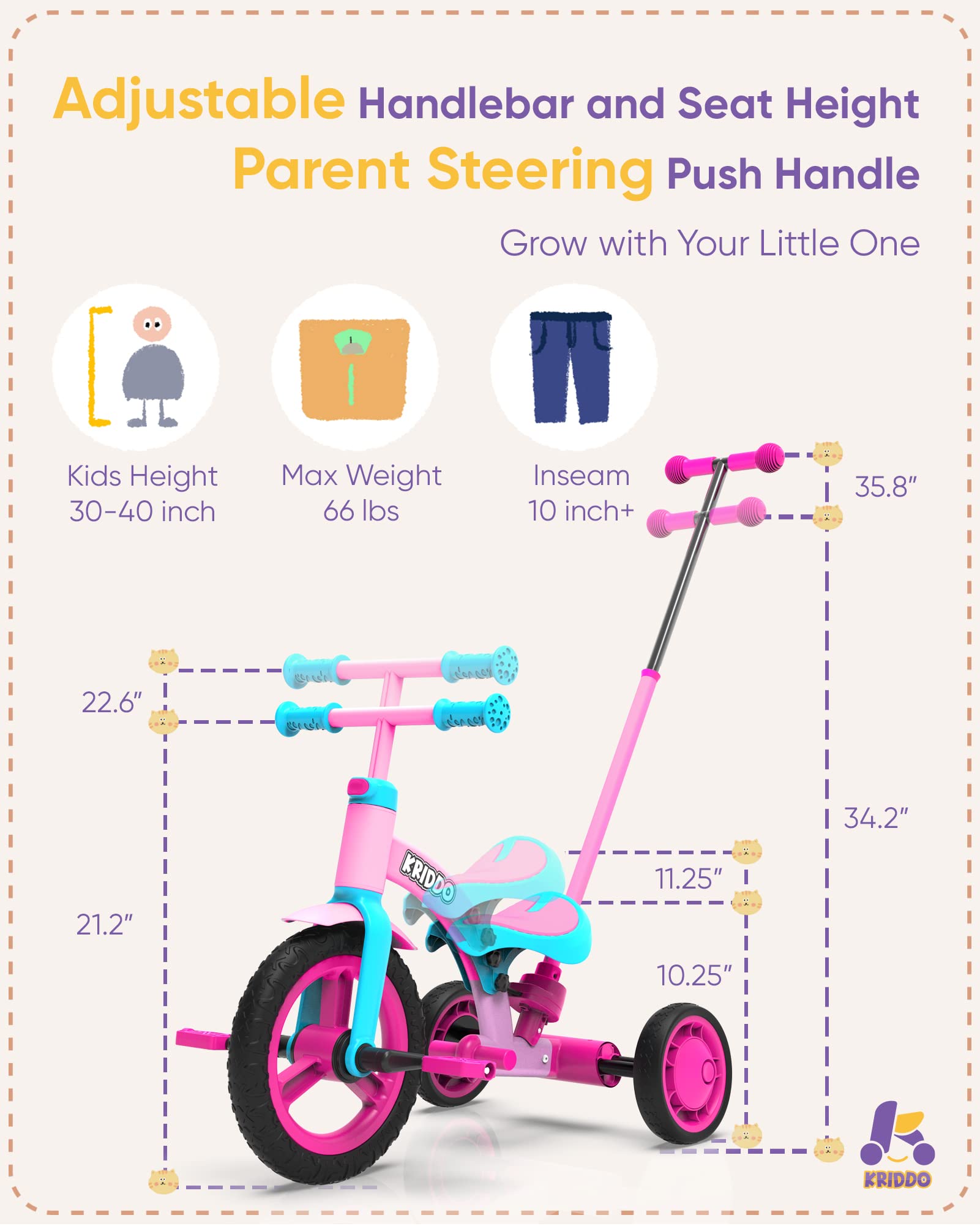 KRIDDO 4 in 1 Tricycle Pink for Children Aged 1.5 to 3 Years