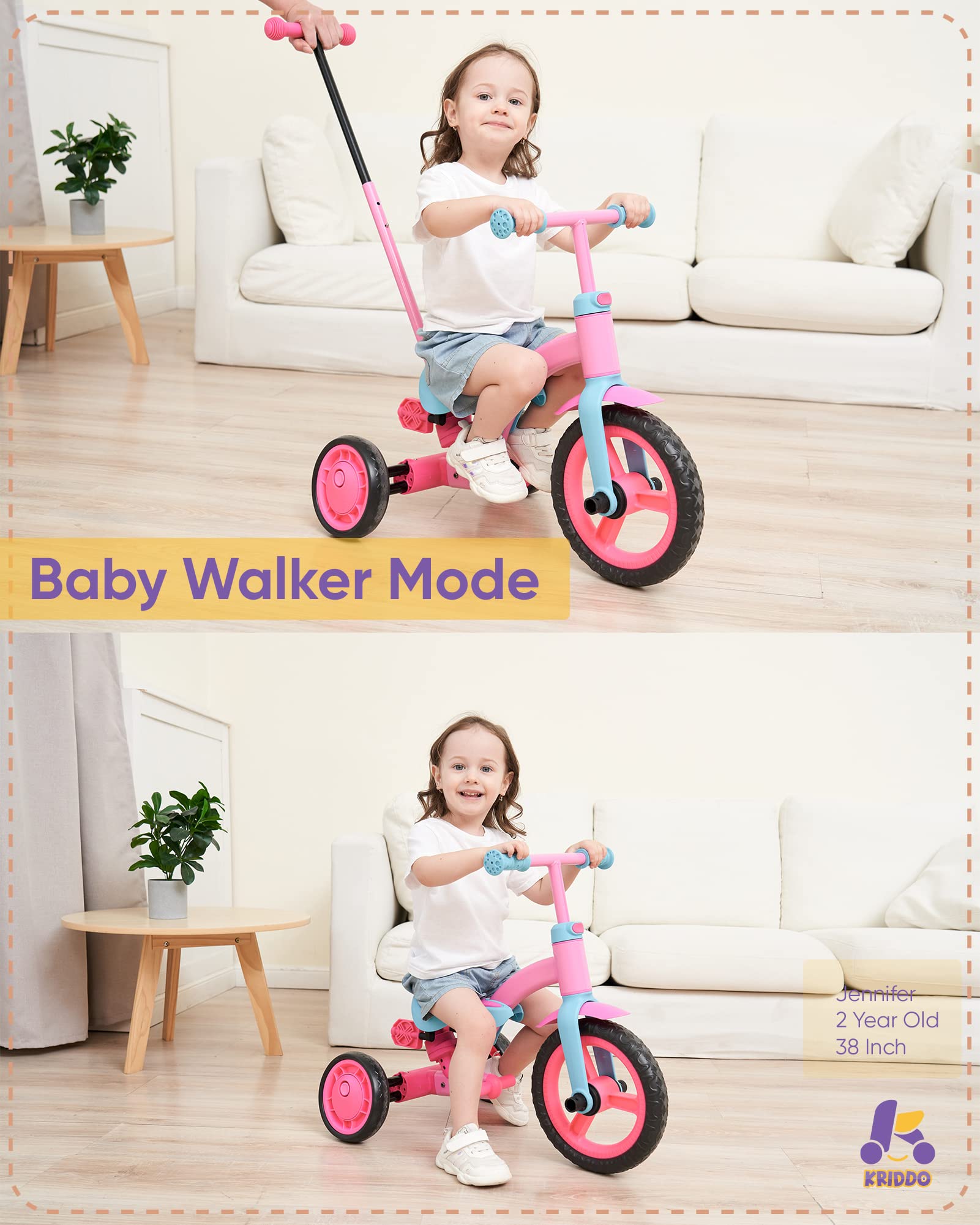 KRIDDO 4 in 1 Tricycle for Kids Pink 1.5 to 3 Years Old