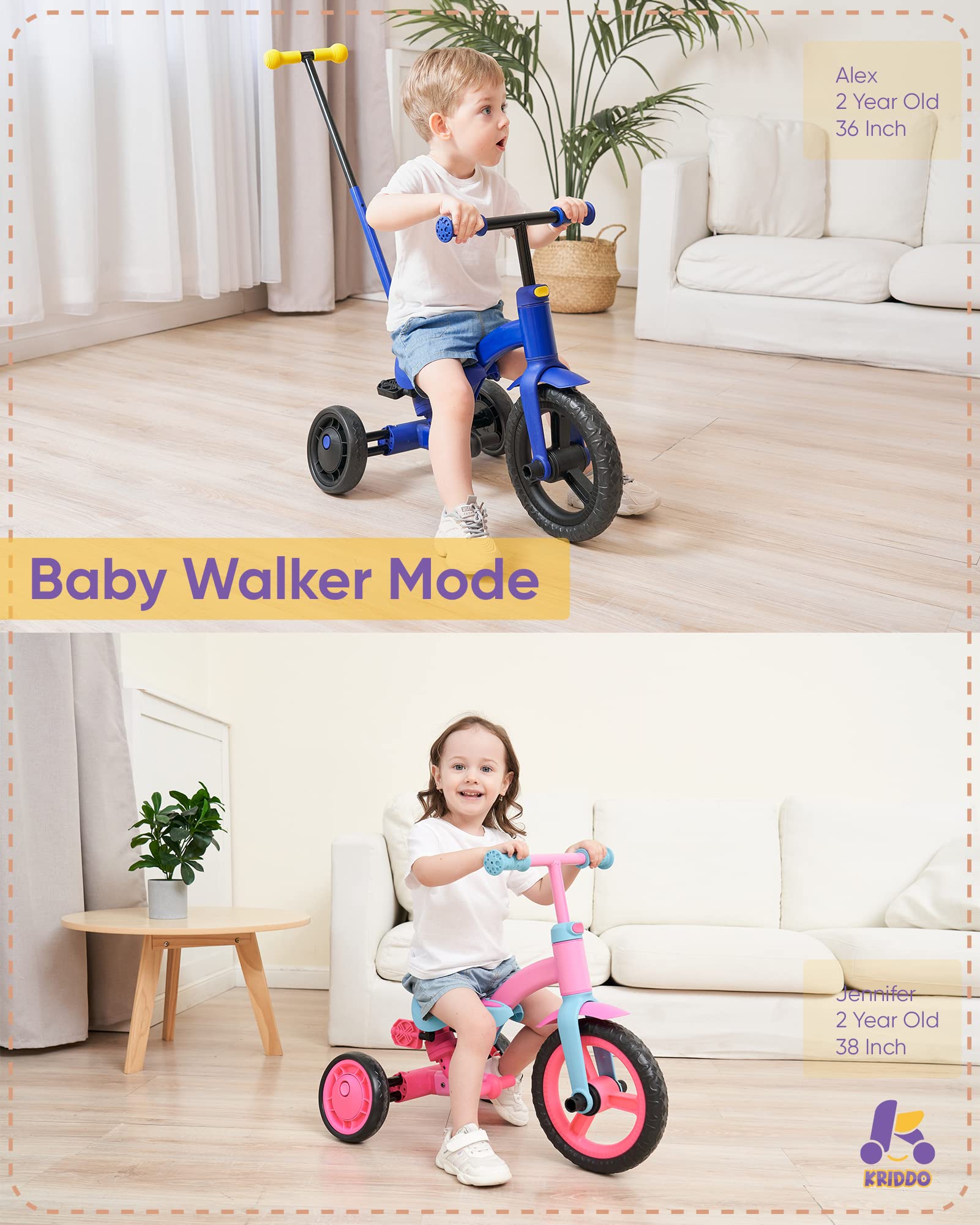 KRIDDO 4in1 Tricycle Blue for 1.5 to 3 Year Old Kids