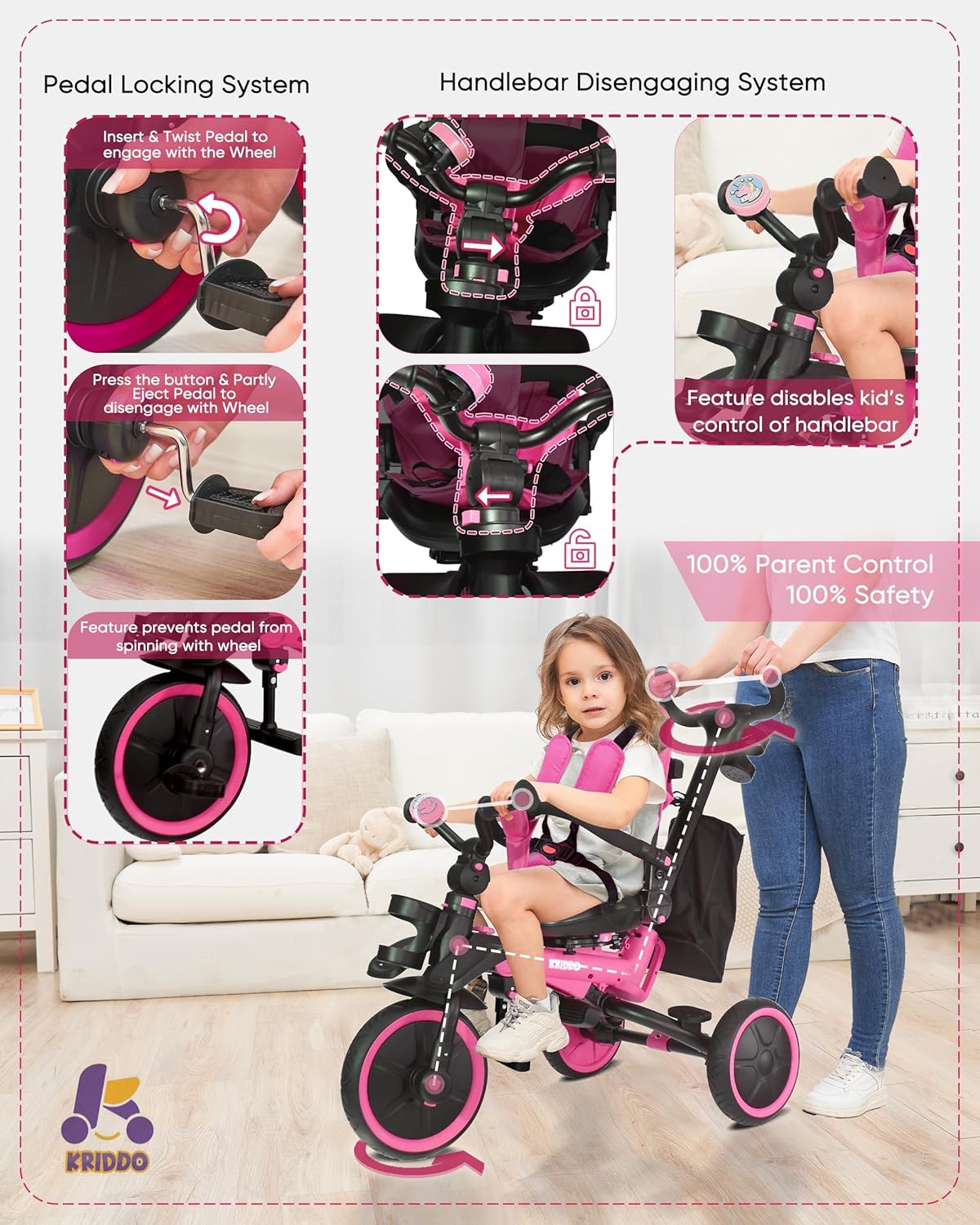 Kriddo 8-in-1 Kids Tricycle with bell and Adjustable Seat for 18 Months to 5 Years Old Pink