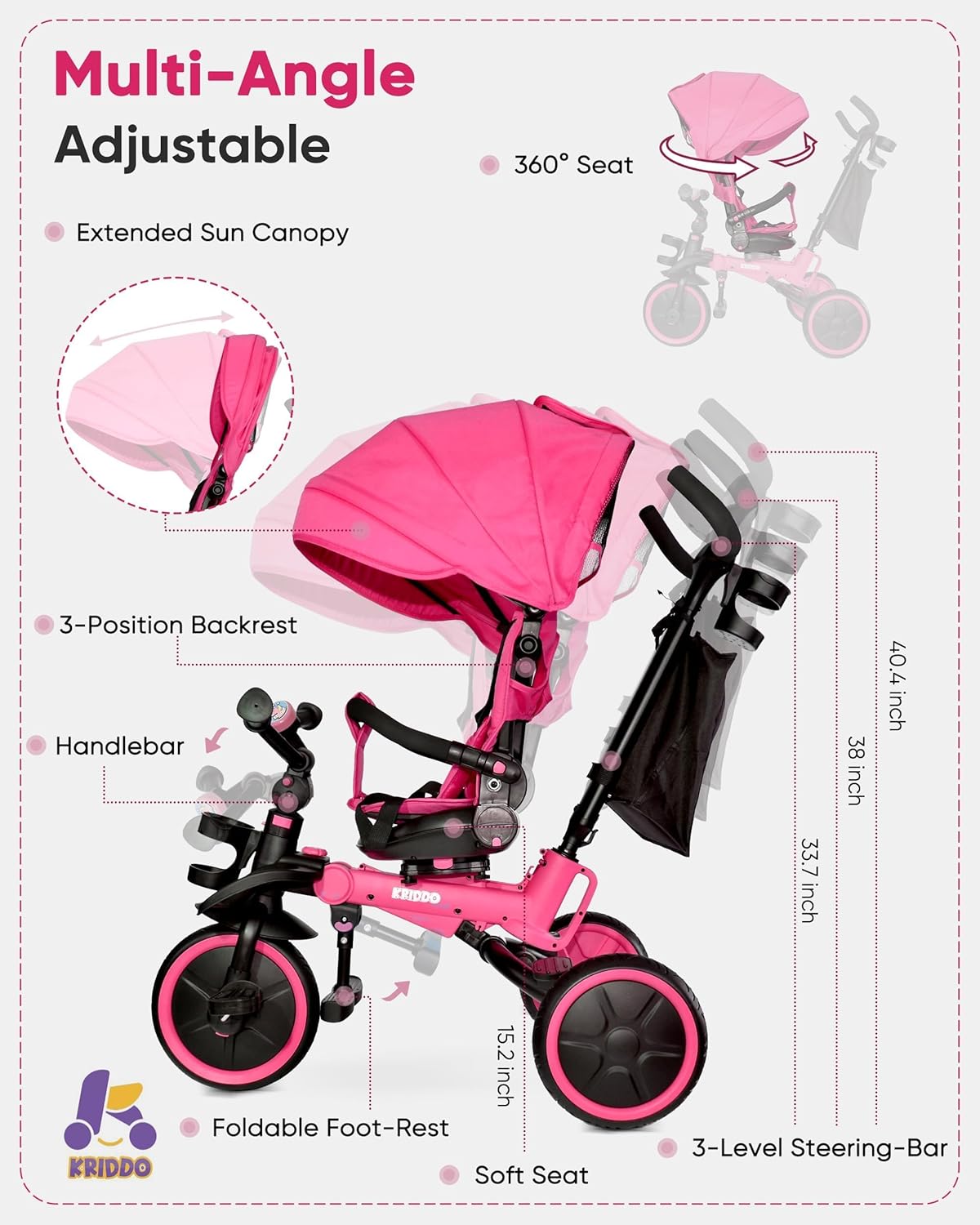 Kriddo 8-in-1 Kids Tricycle with bell and Adjustable Seat for 18 Months to 5 Years Old Pink