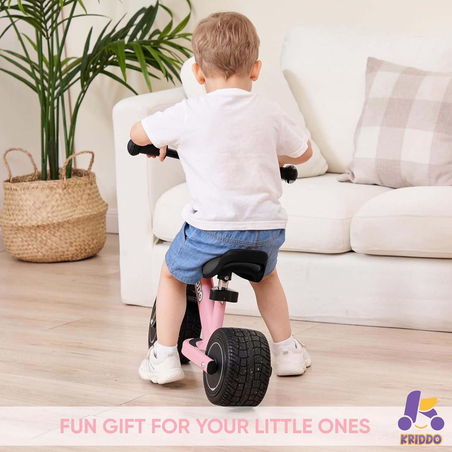 KRIDDO Baby Balance Bike with Adjustable Seat for 1 to 3 Years Old Pink