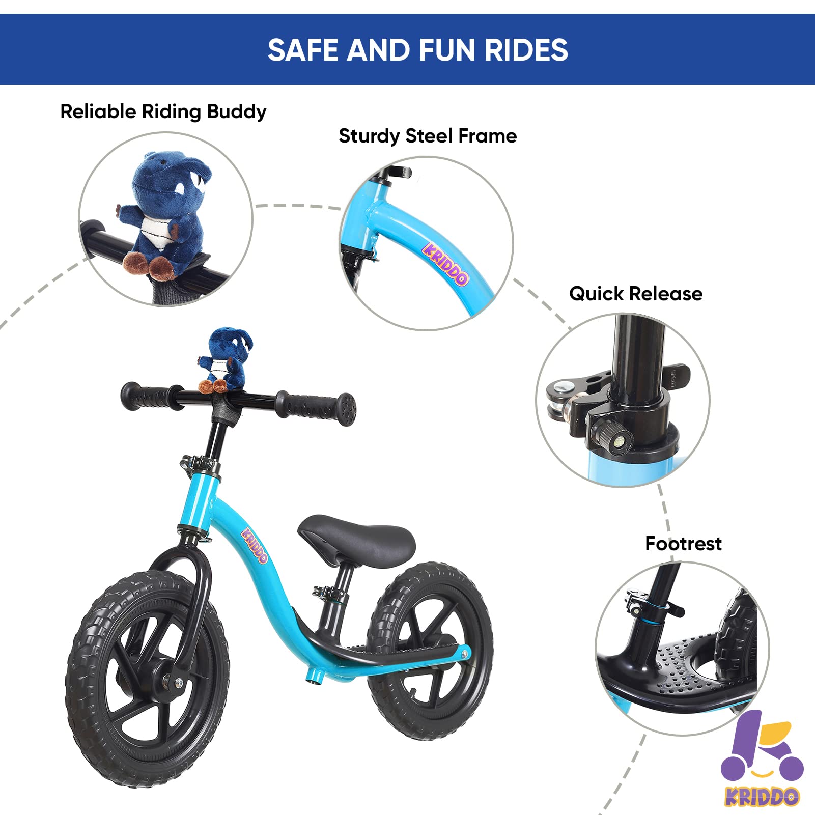 KRIDDO Balance Bike for Toddlers with Stuffed Animal – Blue (18 Months to 4 Years)