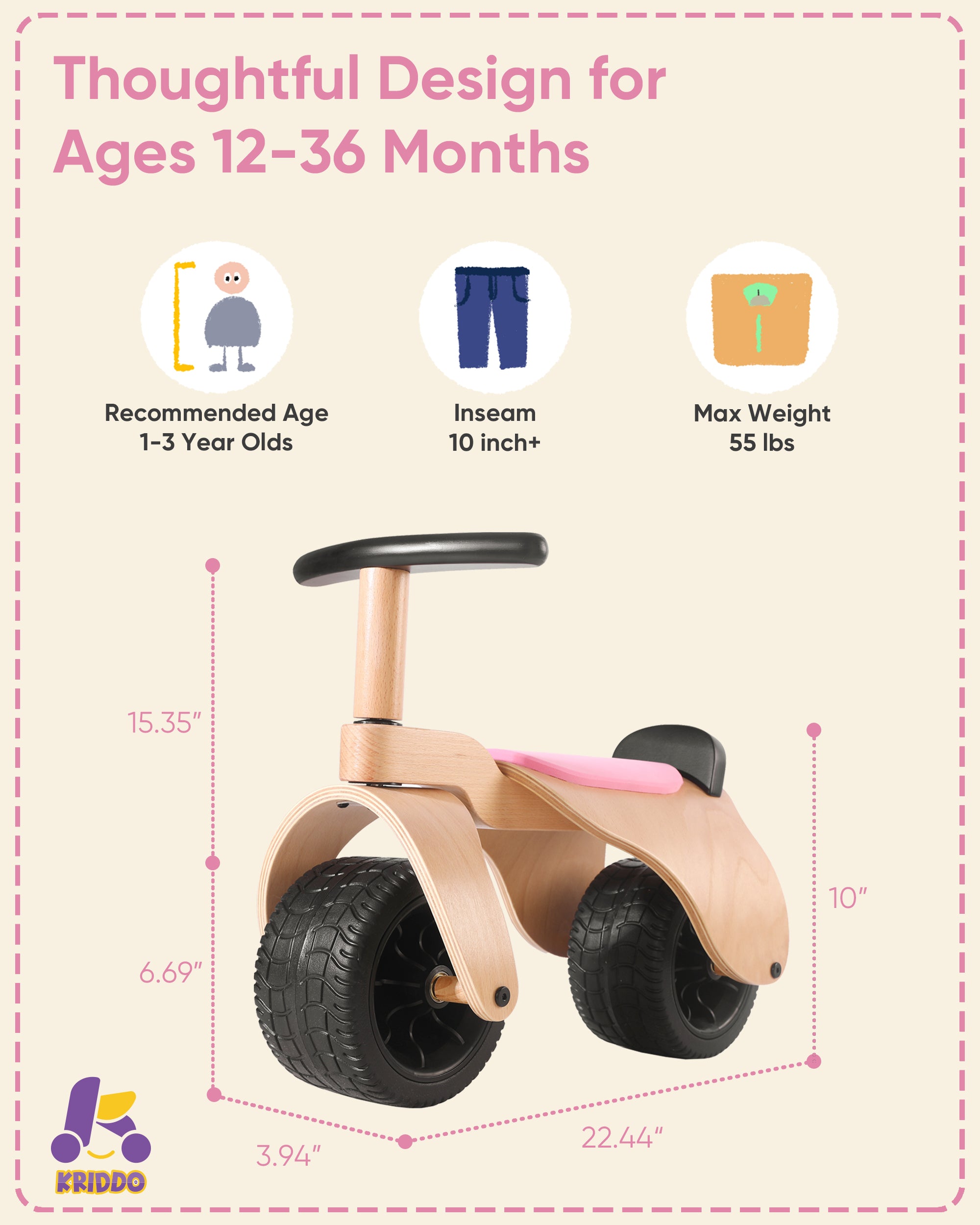 KRIDDO Balance Bike for Toddlers 1 to 3 Years with Wooden Frame in Pink
