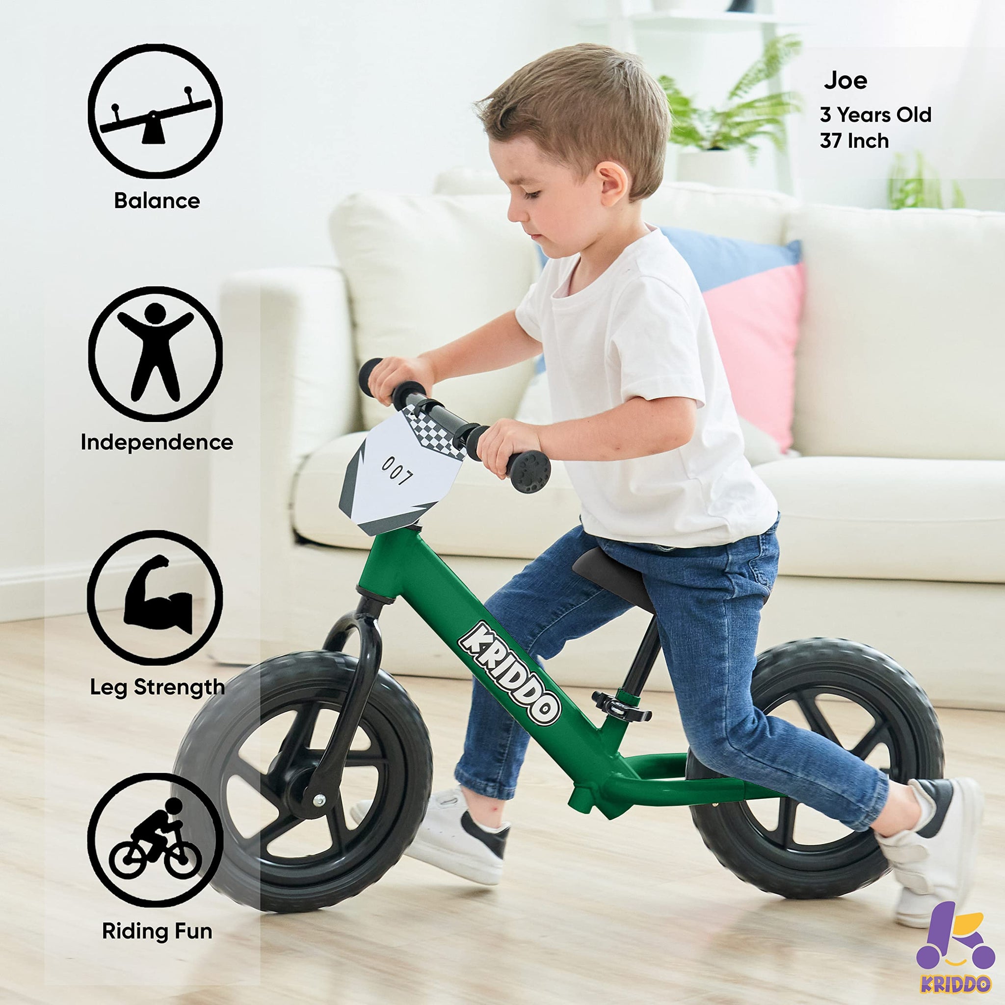 KRIDDO Balance Bike for Toddlers with Customizable Plate – Green (18 to 36 Months)