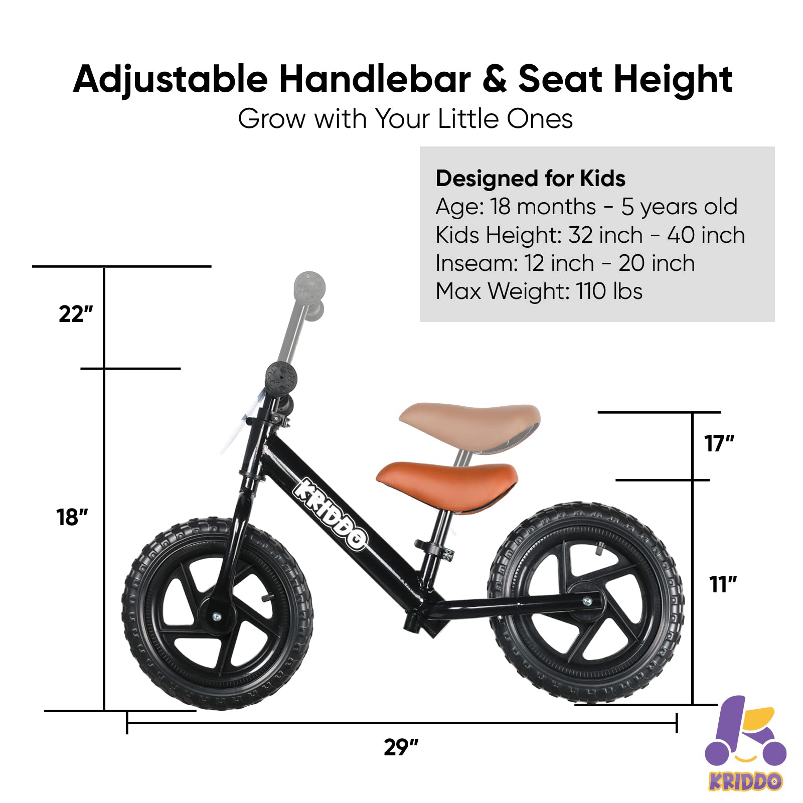 KRIDDO Black Balance Bike for Toddlers with Custom Plate (18 to 36 Months)