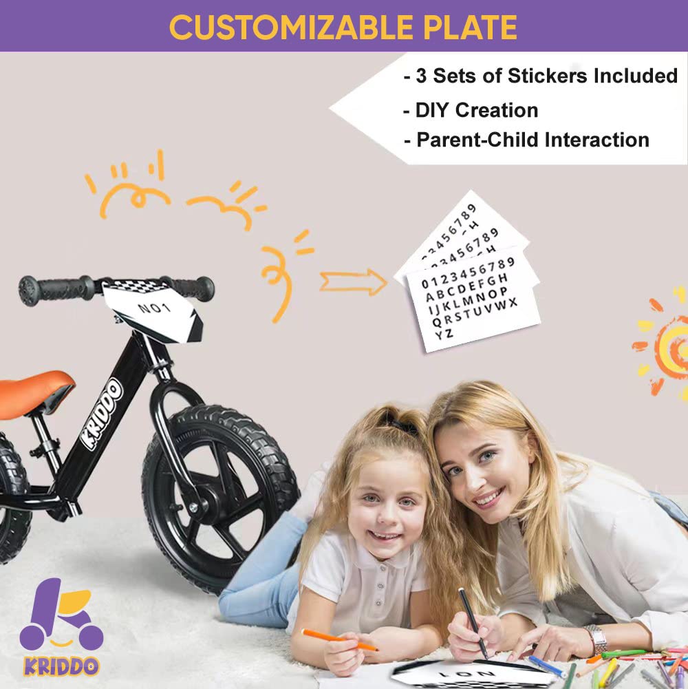 KRIDDO Black Balance Bike with Personalizable Plate for 18 to 36 Month Olds