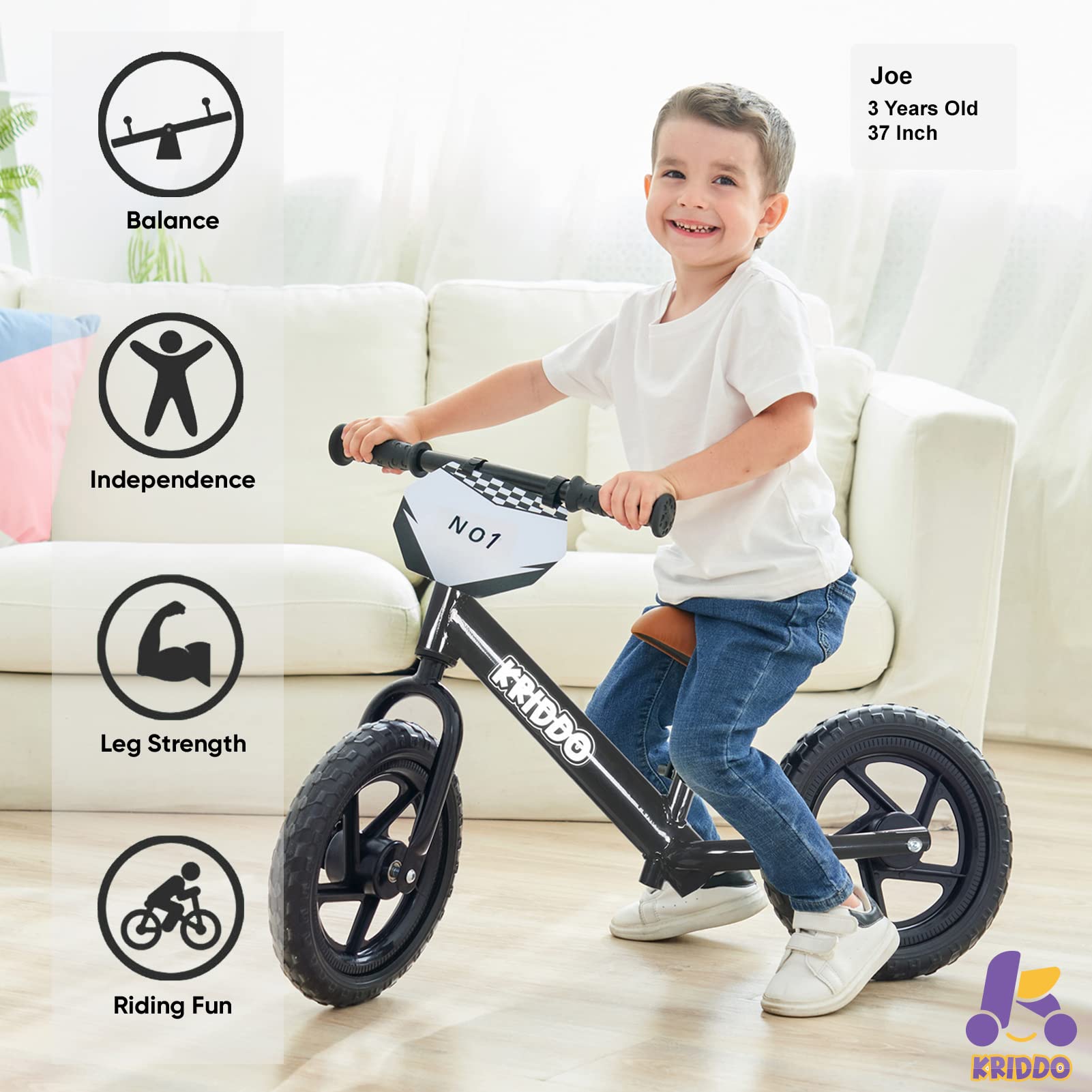 KRIDDO Black Toddler Balance Bike with Customizable Plate for 18 to 36 Months