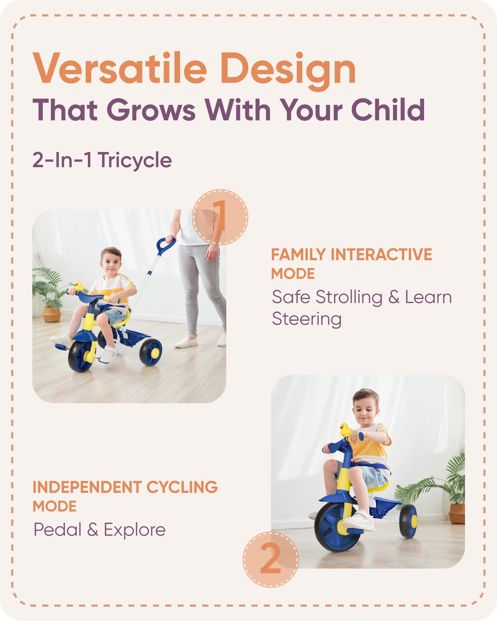 KRIDDO  2-in-1 Kids Tricycle for 18 months to 3 Years Old Blue