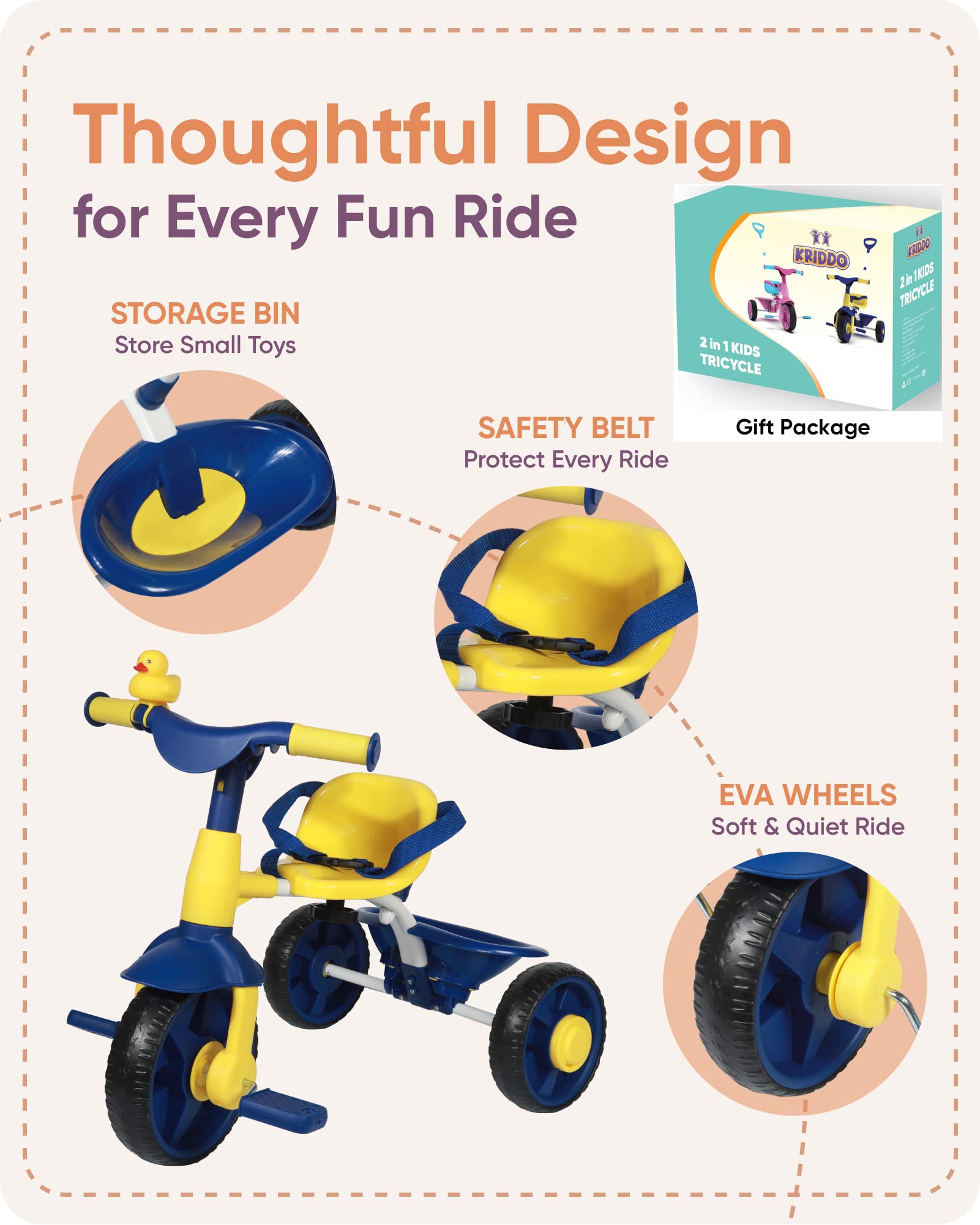 KRIDDO Blue 2in1 Tricycle for Kids 18 Months to 3 Years