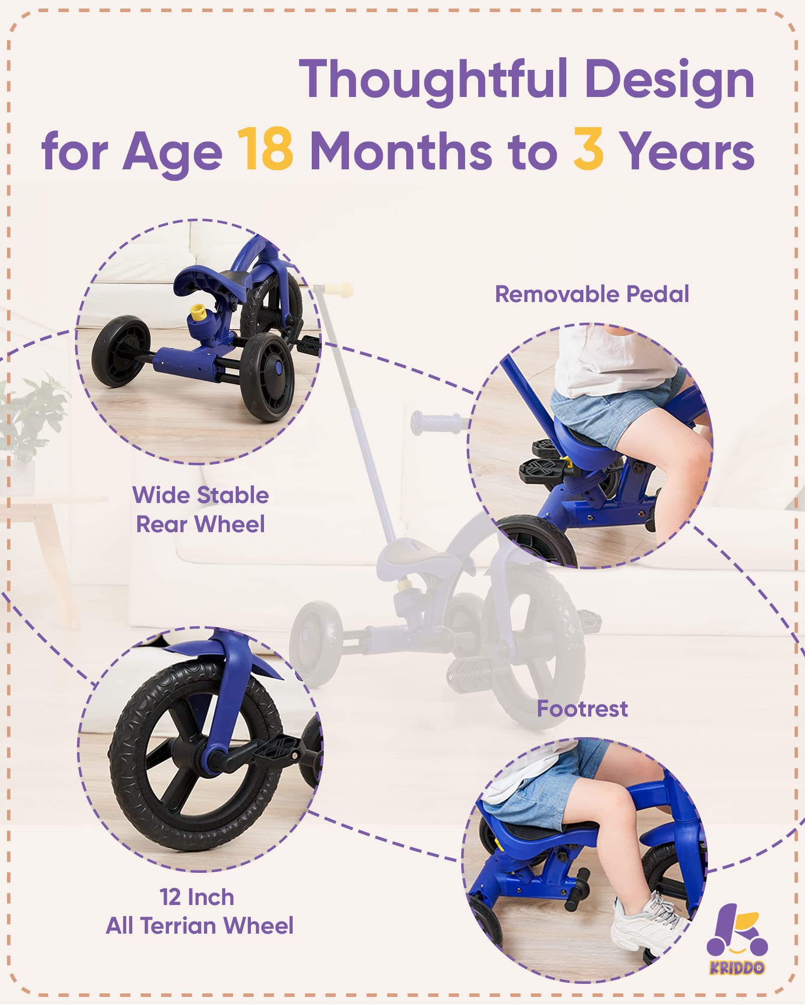 KRIDDO Blue 4in1 Tricycle for Children Aged 1.5 to 3 Years