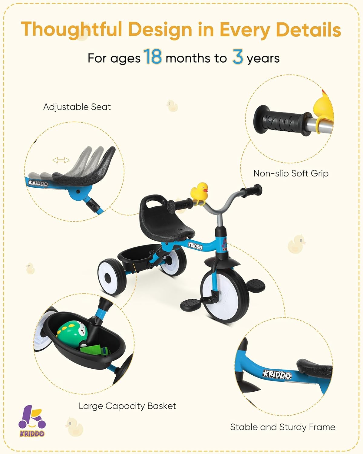 KRIDDO Blue Foldable Toddler Tricycle with Basket – Ideal for 18 to 36 Months