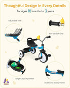 KRIDDO Blue Foldable Toddler Tricycle with Basket – Ideal for 18 to 36 Months