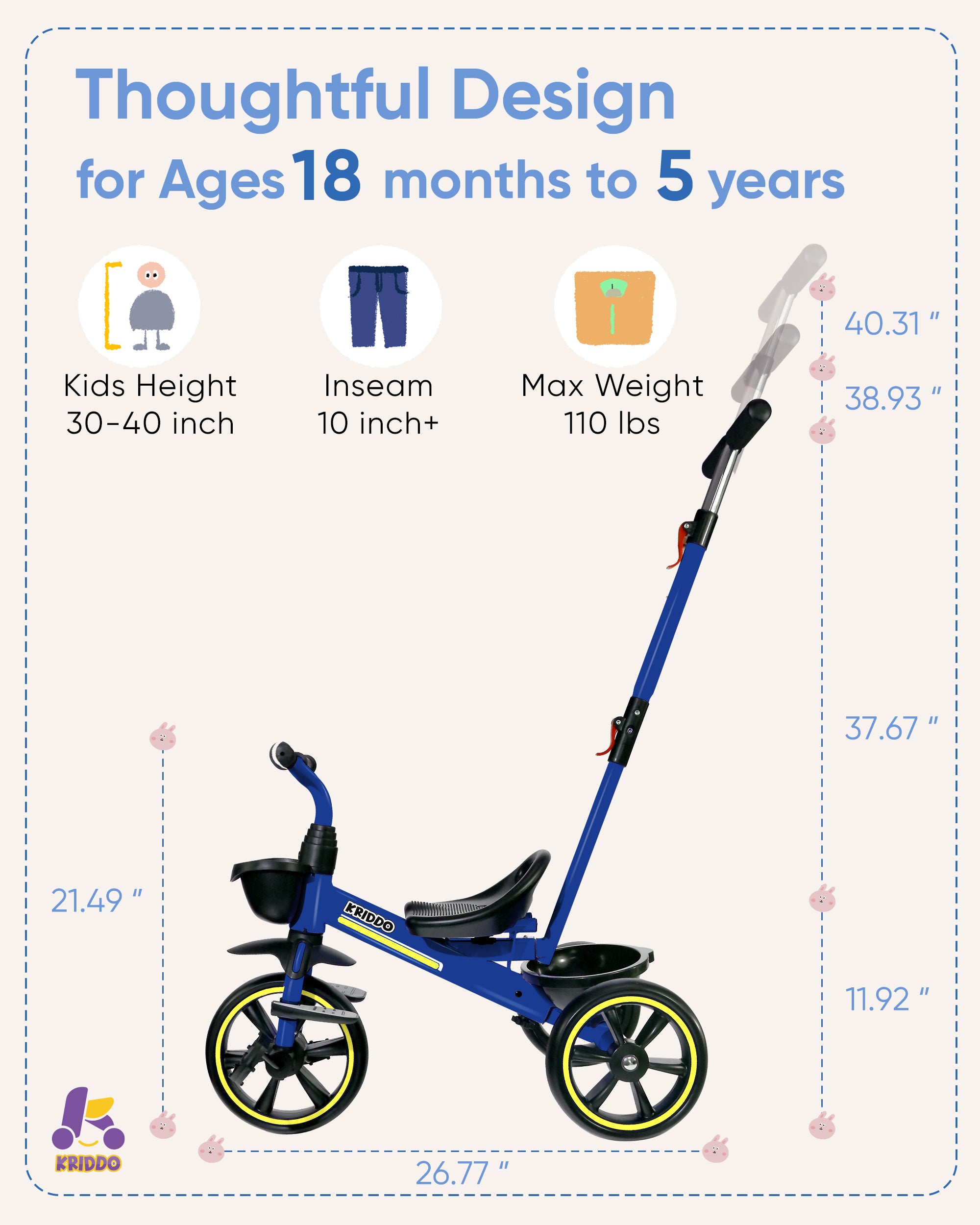 Kriddo Kids Tricycle with Adjustable Parent Handle for 2 to 5 Years Old Blue 2-in-1