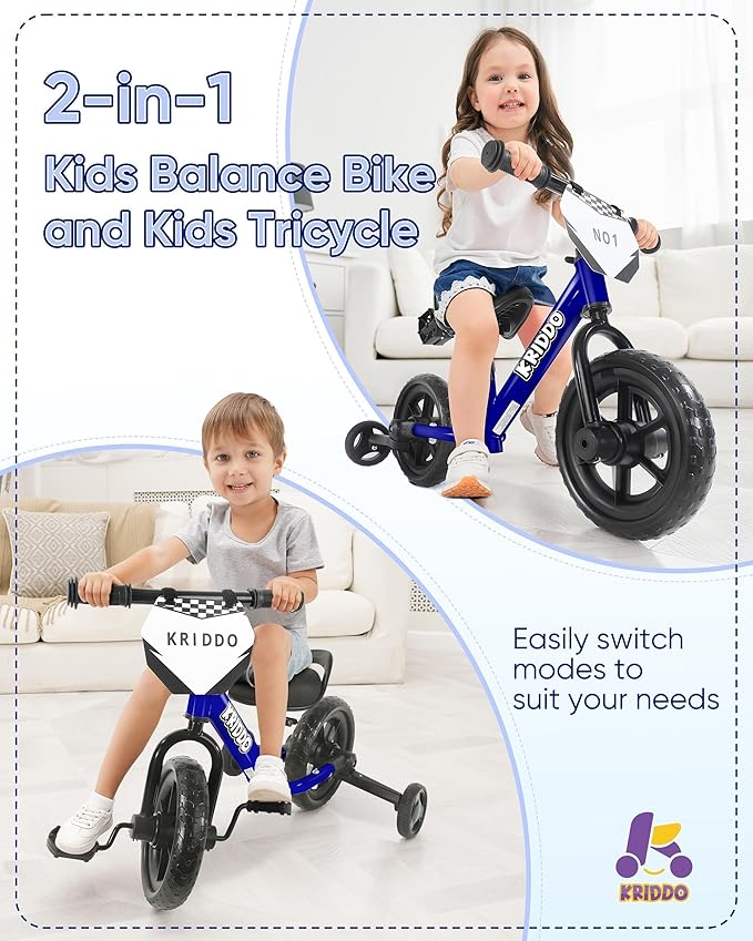 Kriddo Toddler Balance Bike with Removable Training Wheels for 18 Months to 5 Years Old Blue