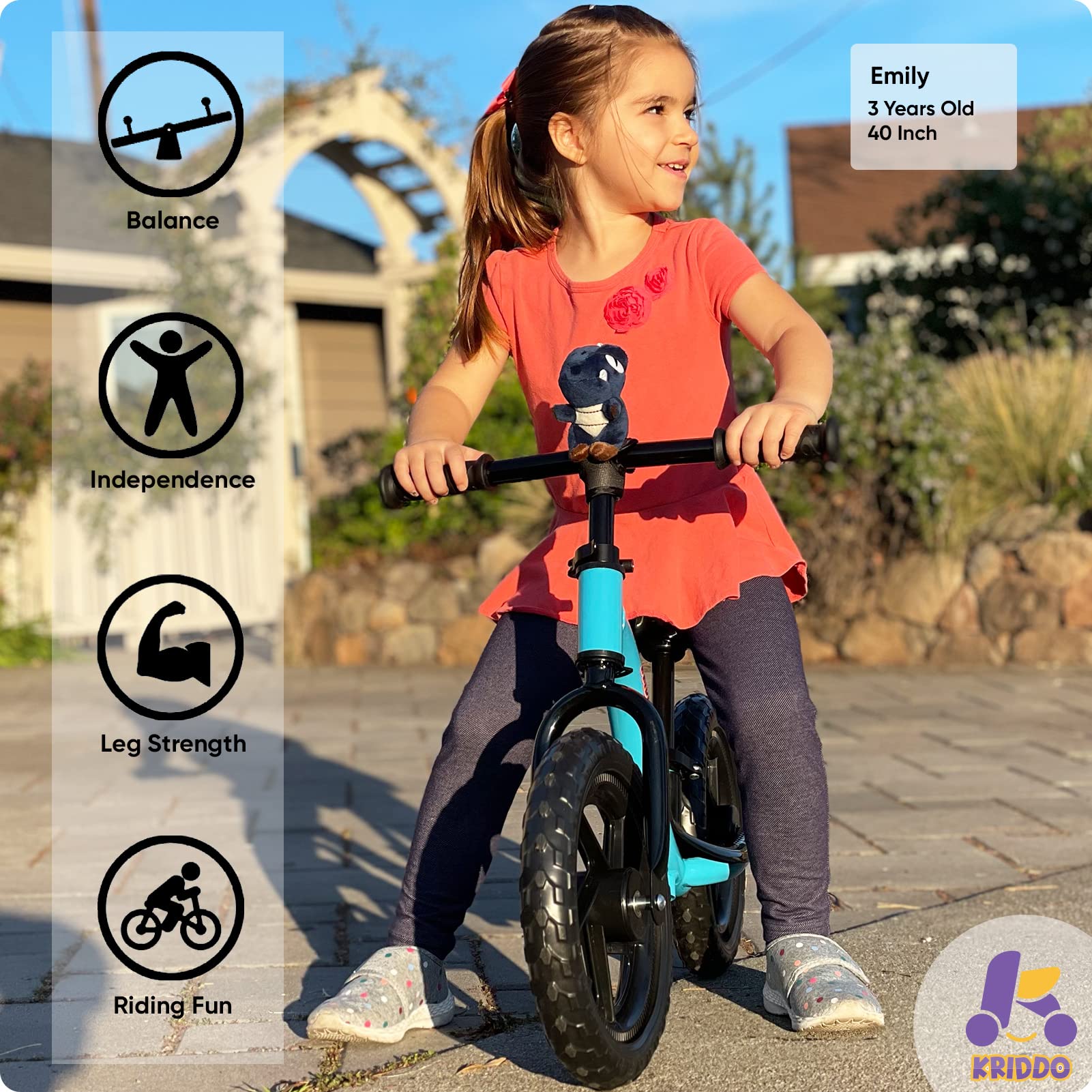 KRIDDO Blue Toddler Balance Bike with Stuffed Animal for 18 to 4 Years Old