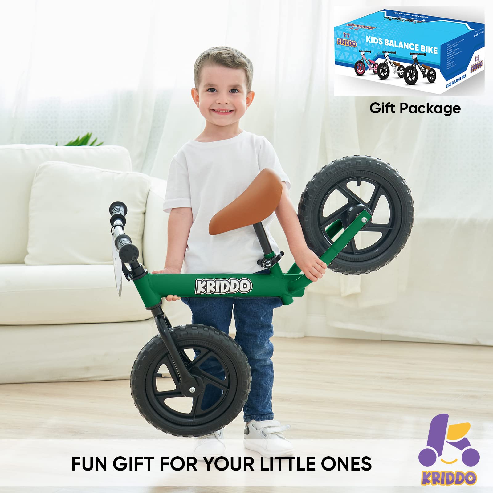 KRIDDO Custom Plate Toddler Balance Bike Green for 18-36 Months
