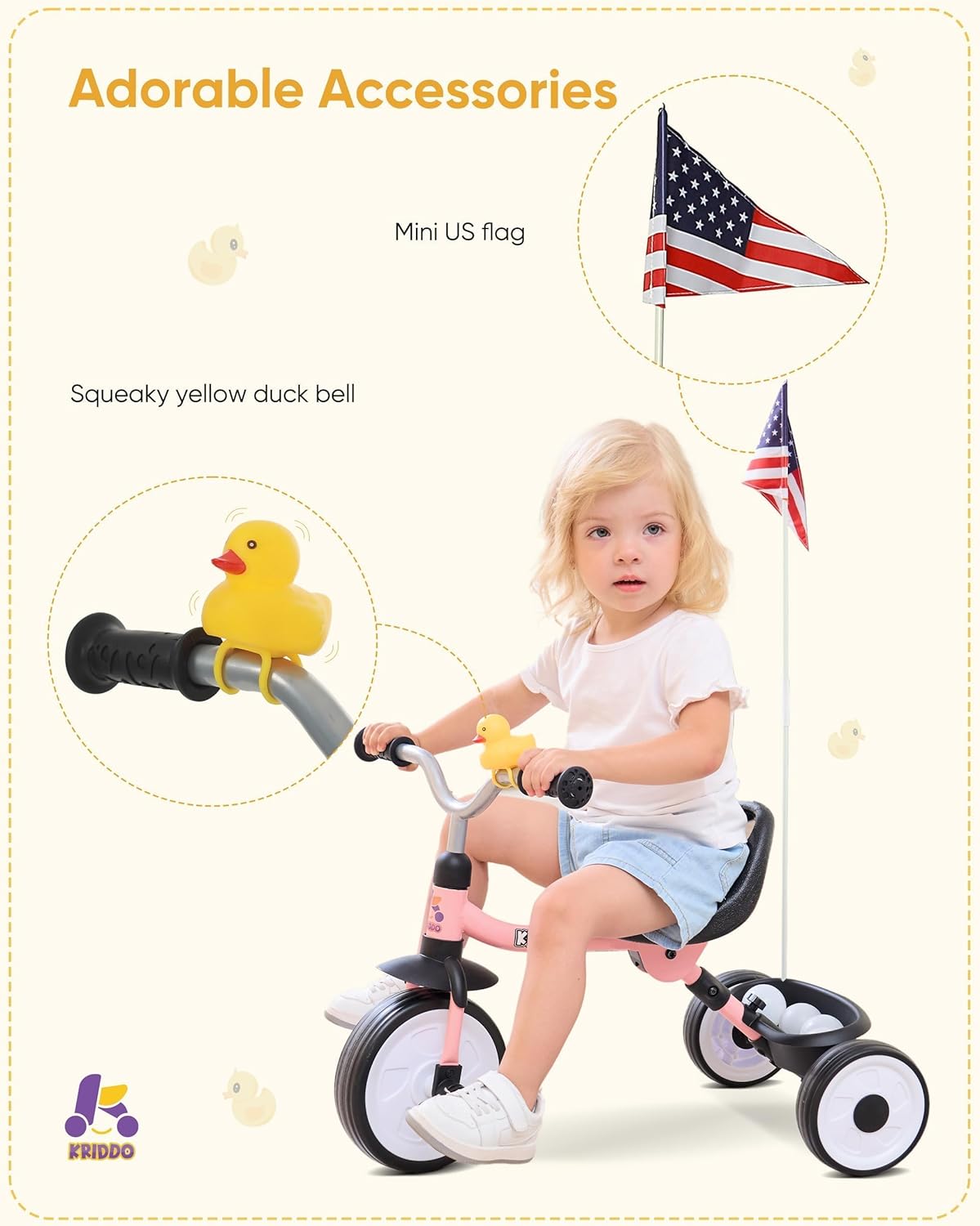 KRIDDO Foldable Pink Tricycle with Basket for Kids 18 to 36 Months