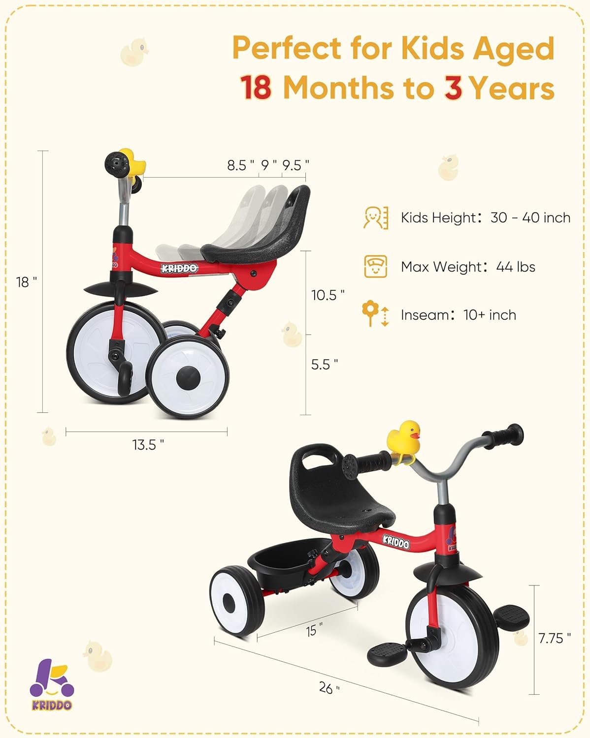 KRIDDO Foldable Red Kids Tricycle with Storage Basket for Toddlers 18 to 36 Months