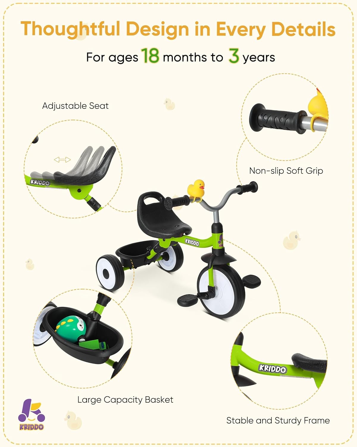 KRIDDO Green Foldable Tricycle with Basket for Kids Aged 18 Months to 3 Years