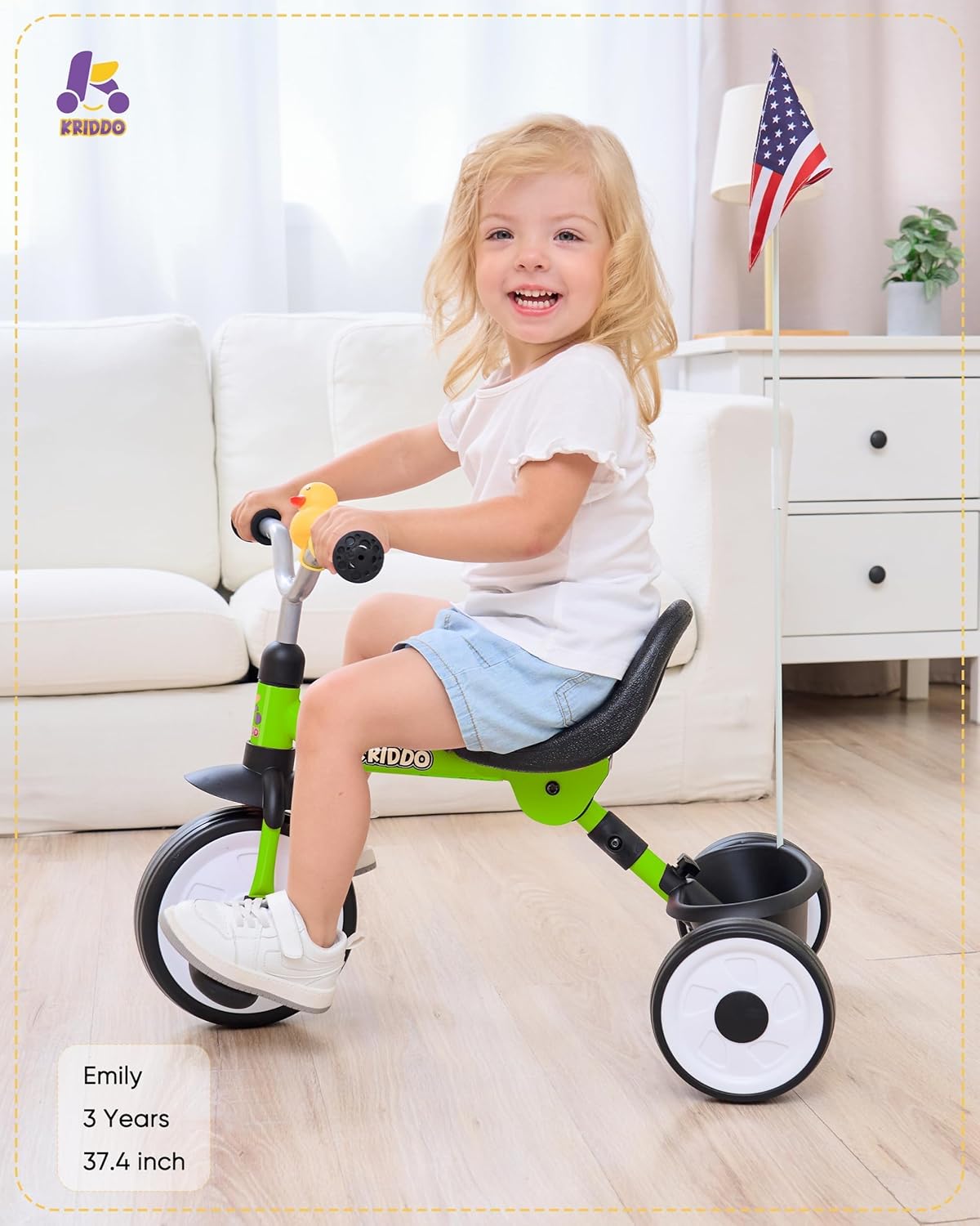KRIDDO Kids Tricycle for 18 Months to 3 Years Foldable with Storage Basket Green