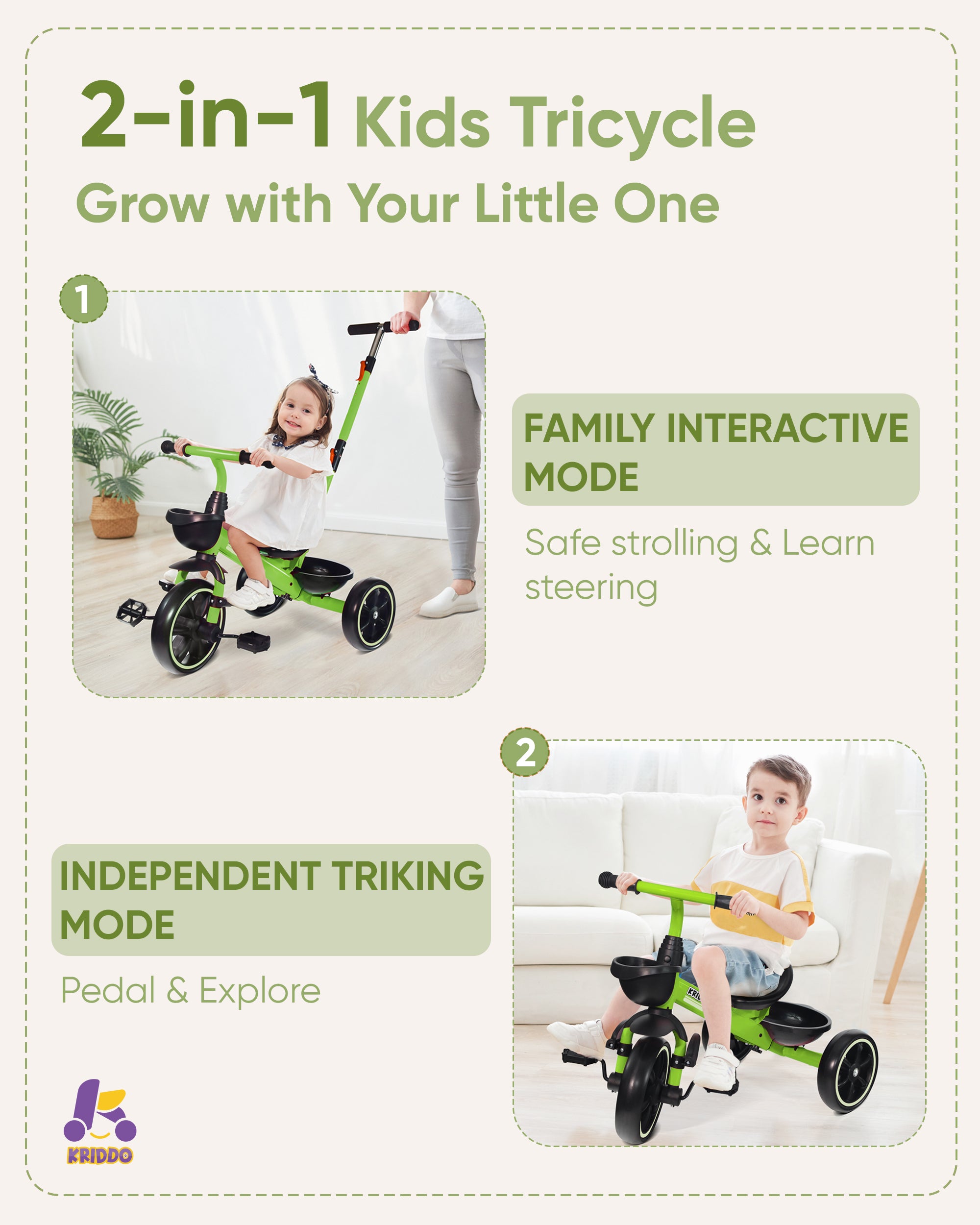 Kriddo Kids Tricycle with Adjustable Parent Handle for 2 to 5 Years Old Green 2-in-1