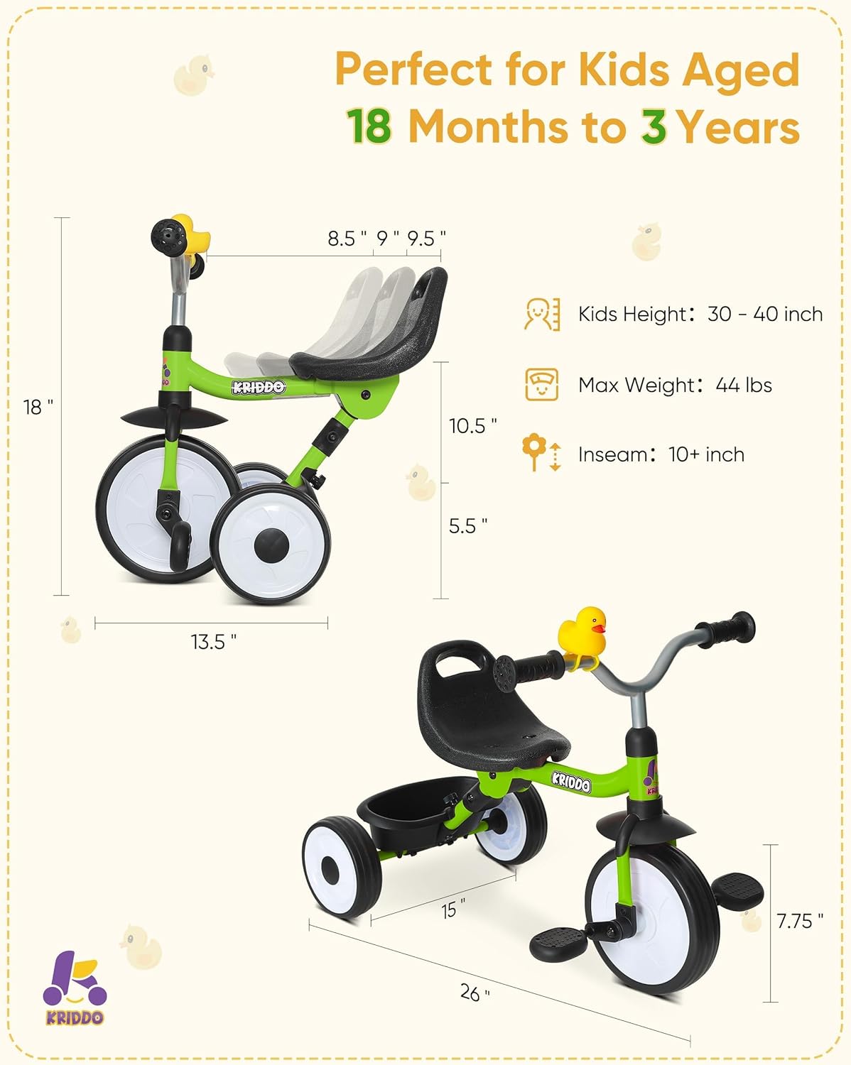 KRIDDO Green Storage Basket Tricycle – Foldable Design for Toddlers (18 to 36 Months)
