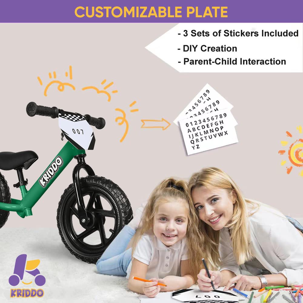 KRIDDO Green Toddler Balance Bike with Custom Plate for 18 Months to 3 Years