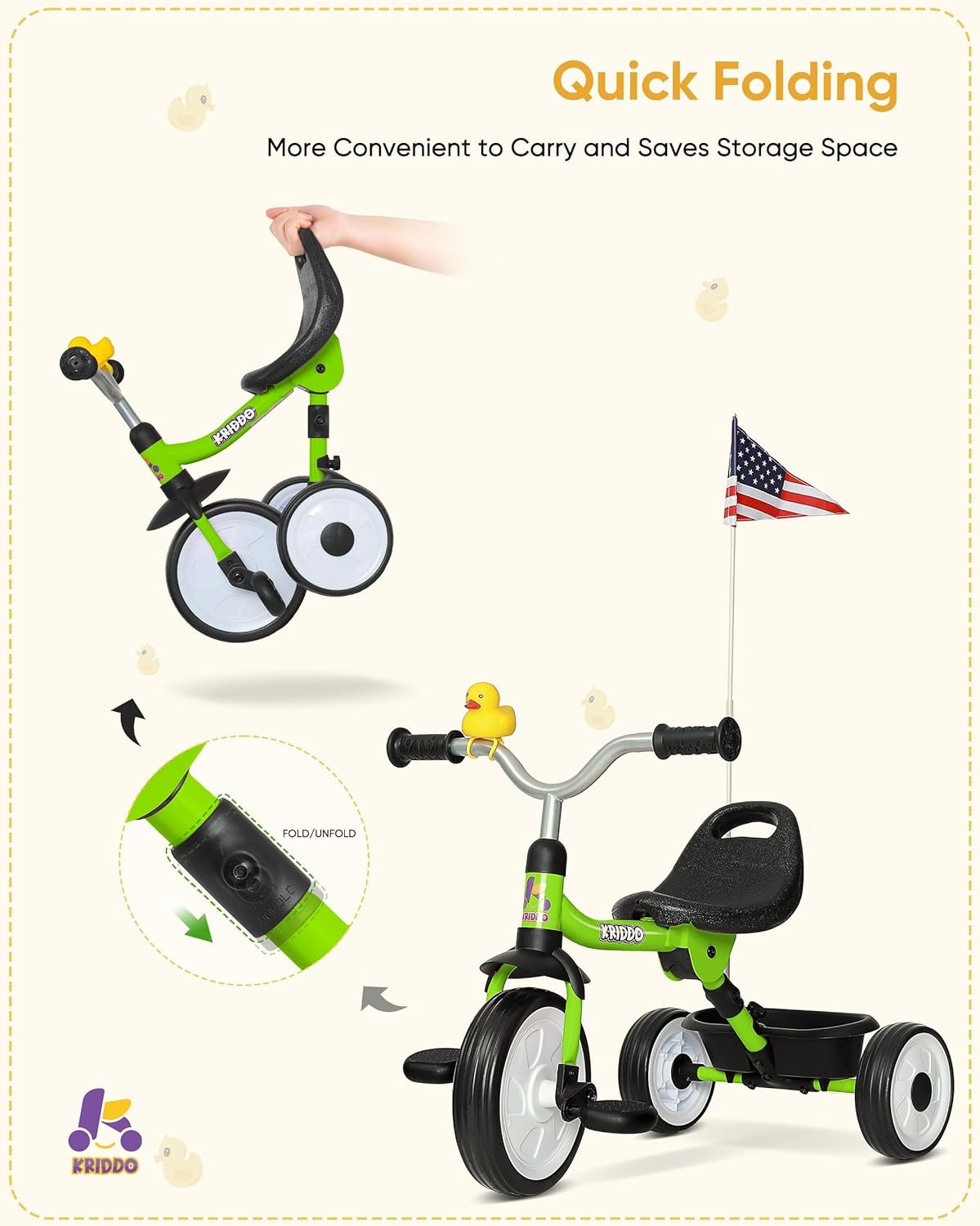KRIDDO Kids Foldable Tricycle with Basket – Green, Ideal for 18-36 Months