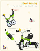 KRIDDO Kids Foldable Tricycle with Basket – Green, Ideal for 18-36 Months