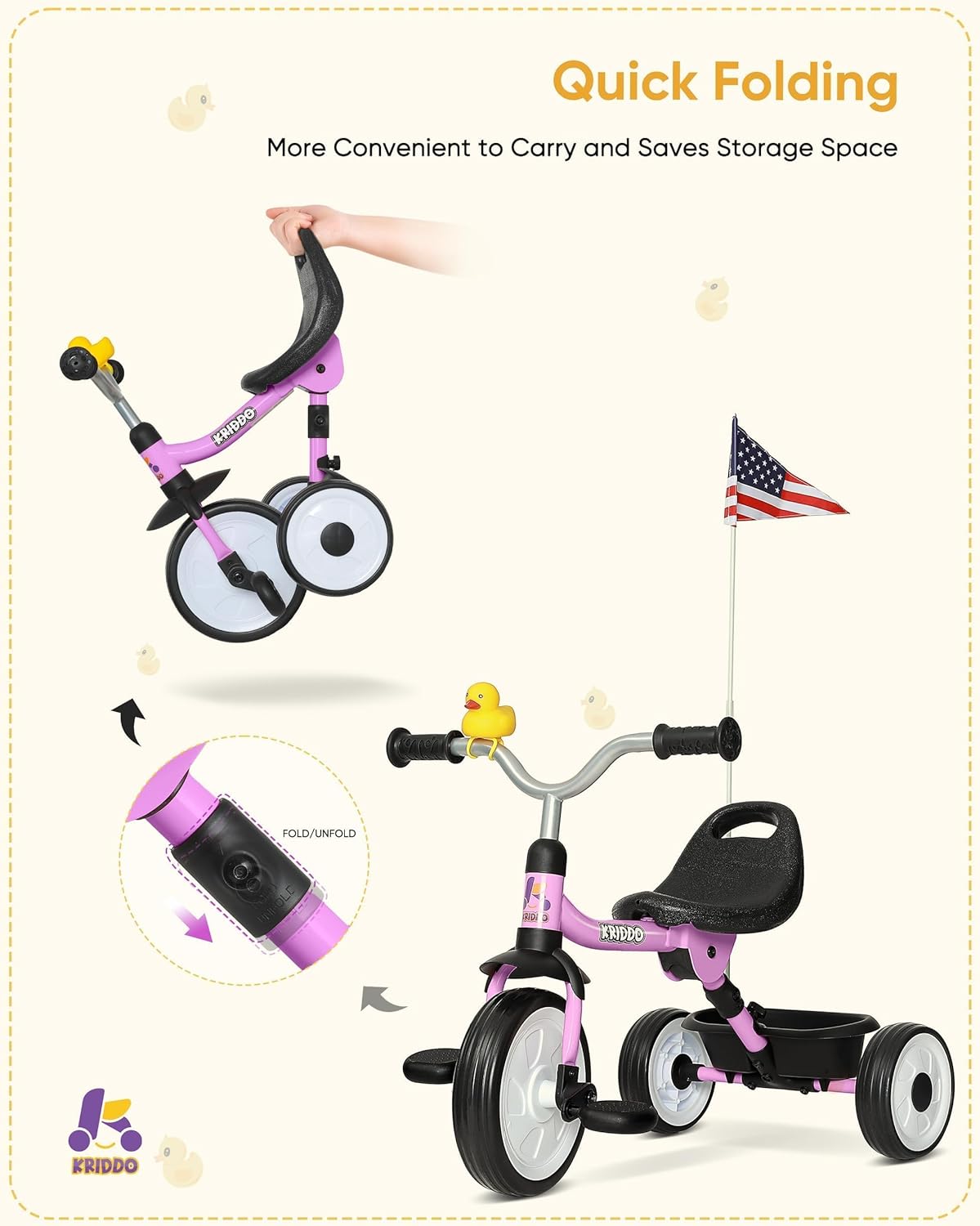 KRIDDO Kids Purple Tricycle with Storage Basket Foldable Design for 18 to 36 Months
