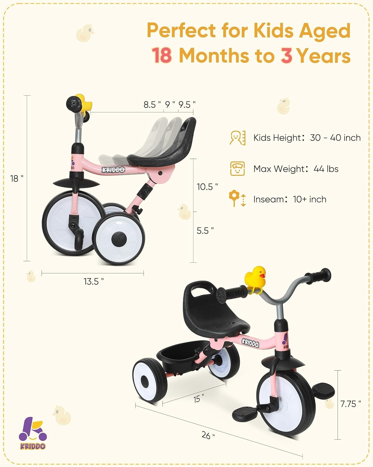 KRIDDO Kids Tricycle Pink with Foldable Design and Storage Basket for 18 to 3 Years