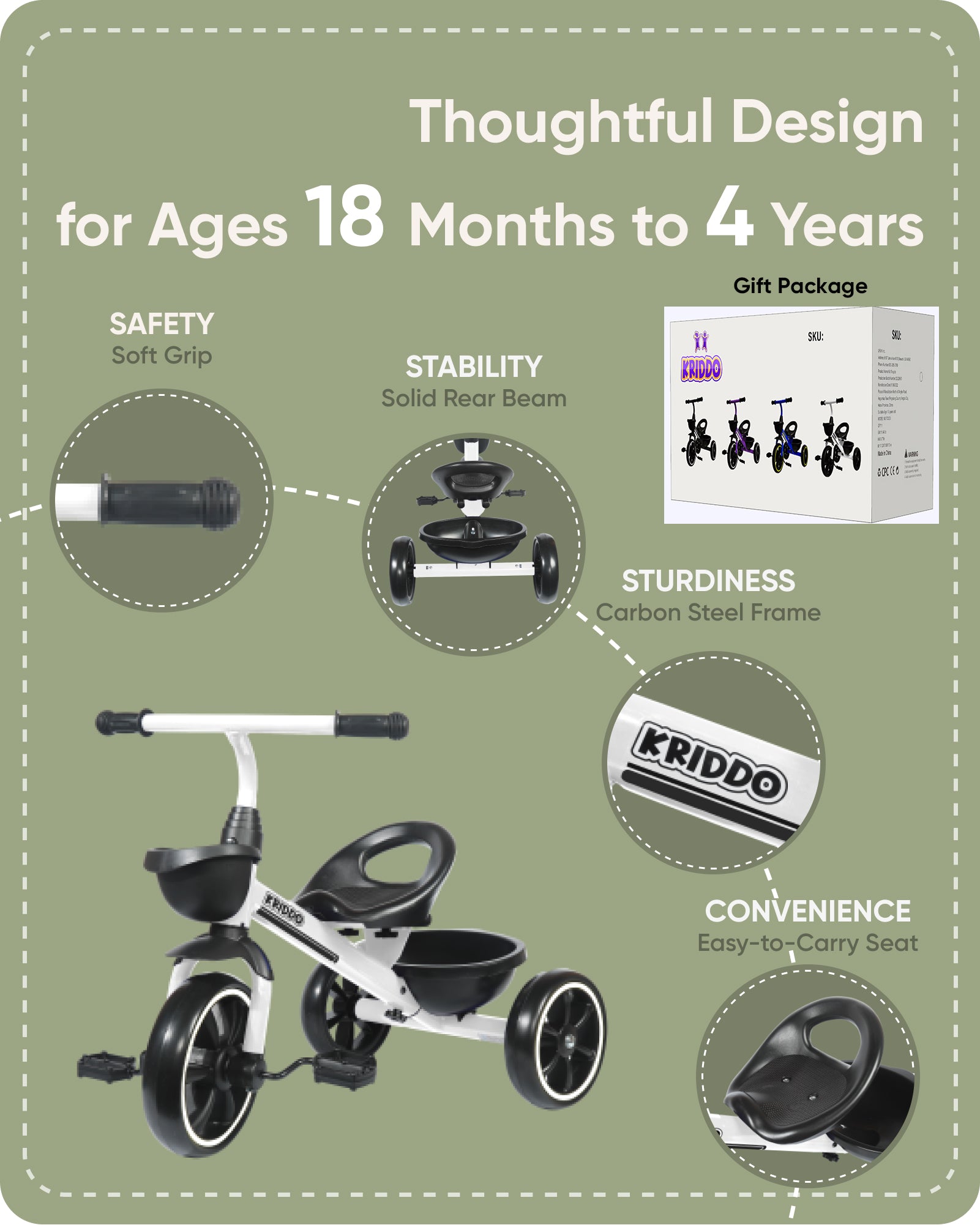 KRIDDO Kids Tricycle White for 2 to 5 Year Olds