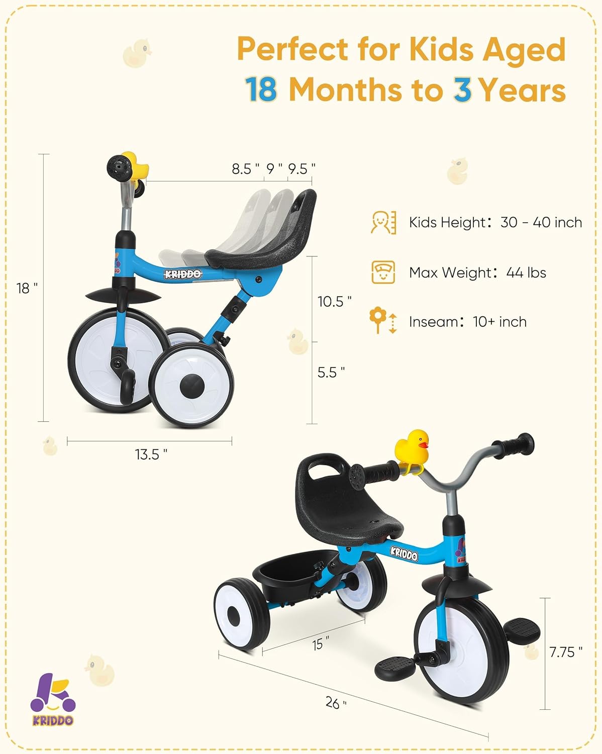 KRIDDO Kids Tricycle for 18 Months to 3 Years, Foldable Toddler Tricycle with Storage Basket, Kids Trike for 2 Years, Adjustable Easy to Carry Ergonomic Seat, Stable Structure for Smooth Ride
