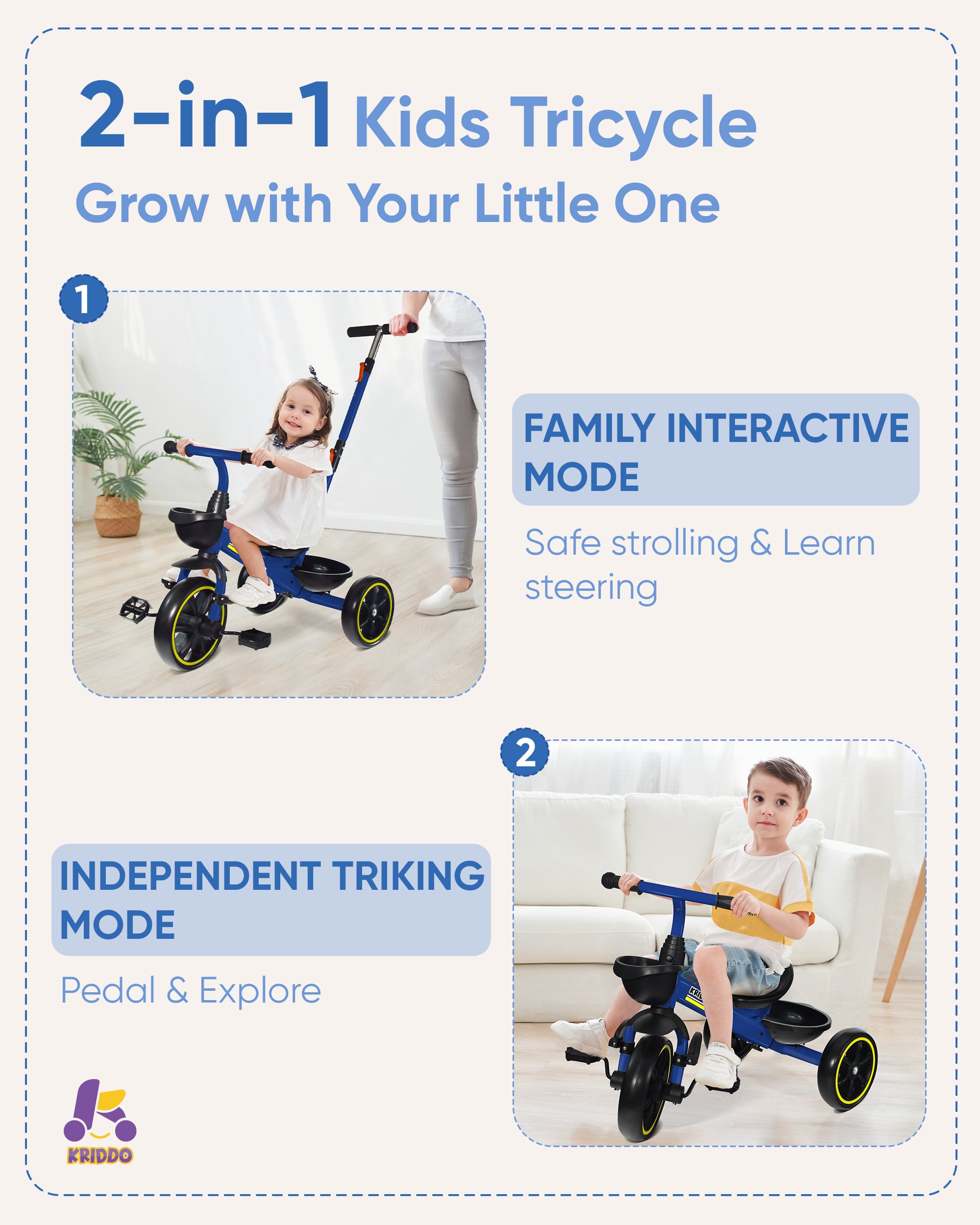 Kriddo Kids Tricycle with Adjustable Parent Handle for 2 to 5 Years Old Blue 2-in-1