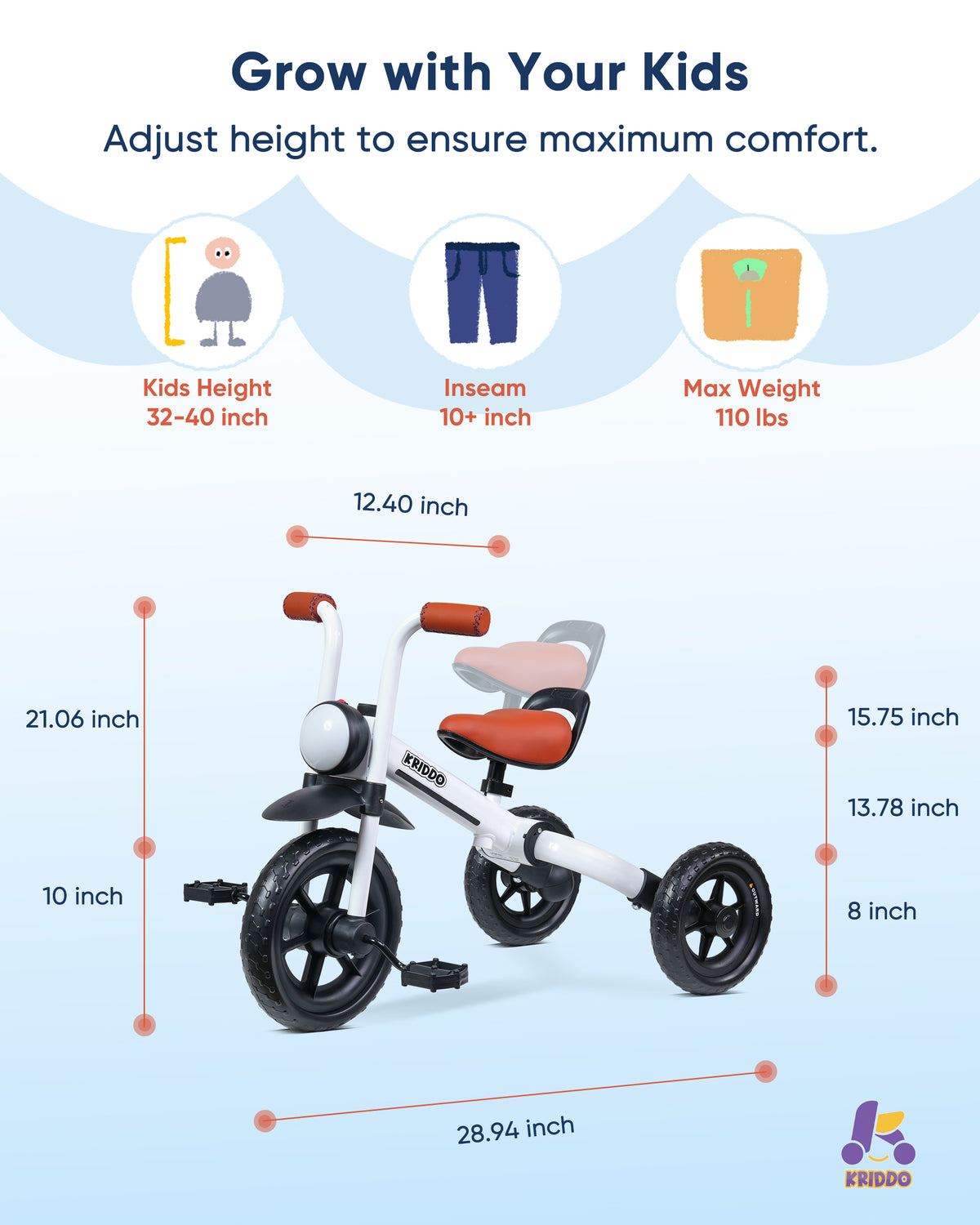 Foldable Rider Baby Buzz Rider Tricycle 2-in-1 White | KRIDDO Kids Foldable Tricycle