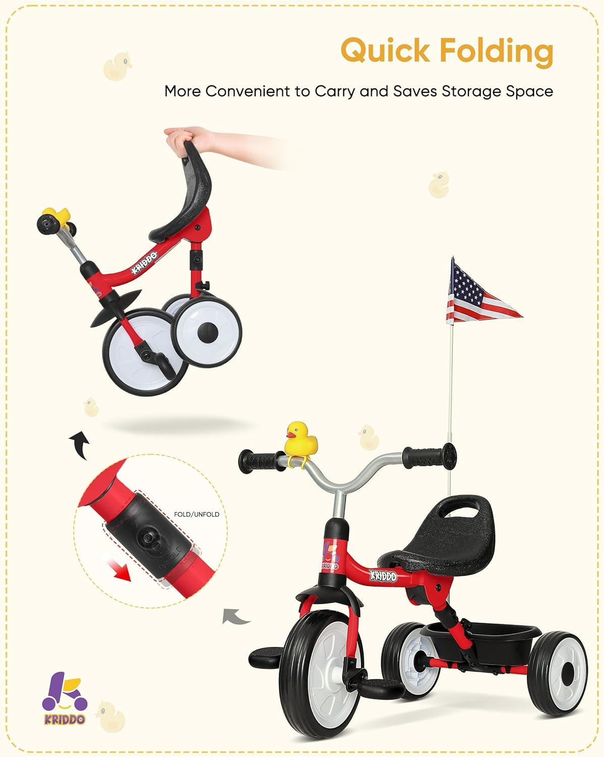 KRIDDO Kids Tricycle with Red Foldable Frame and Storage Basket for 18 to 36 Months