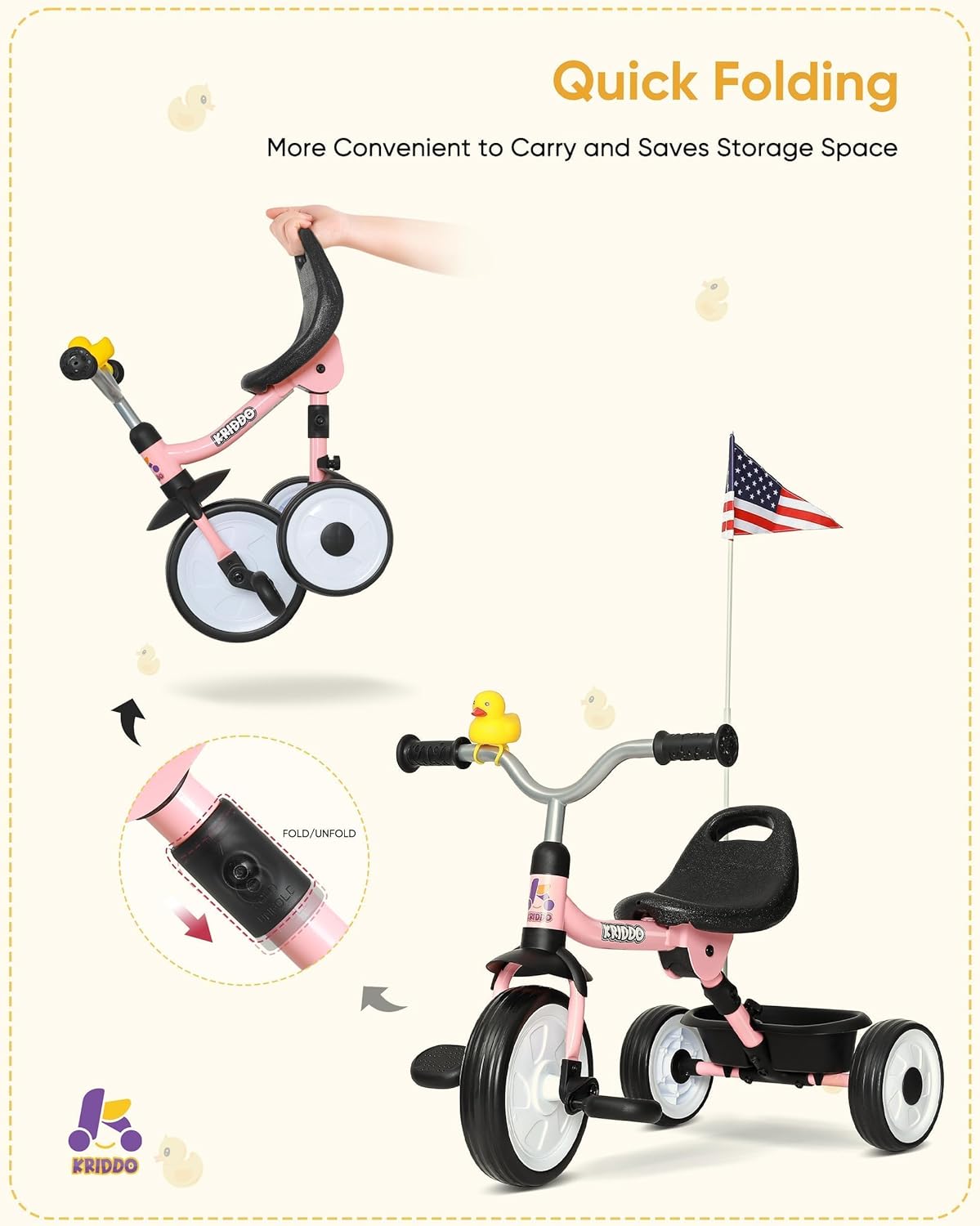 KRIDDO Kids Tricycle with Storage Basket in Pink for 18 to 36 Months